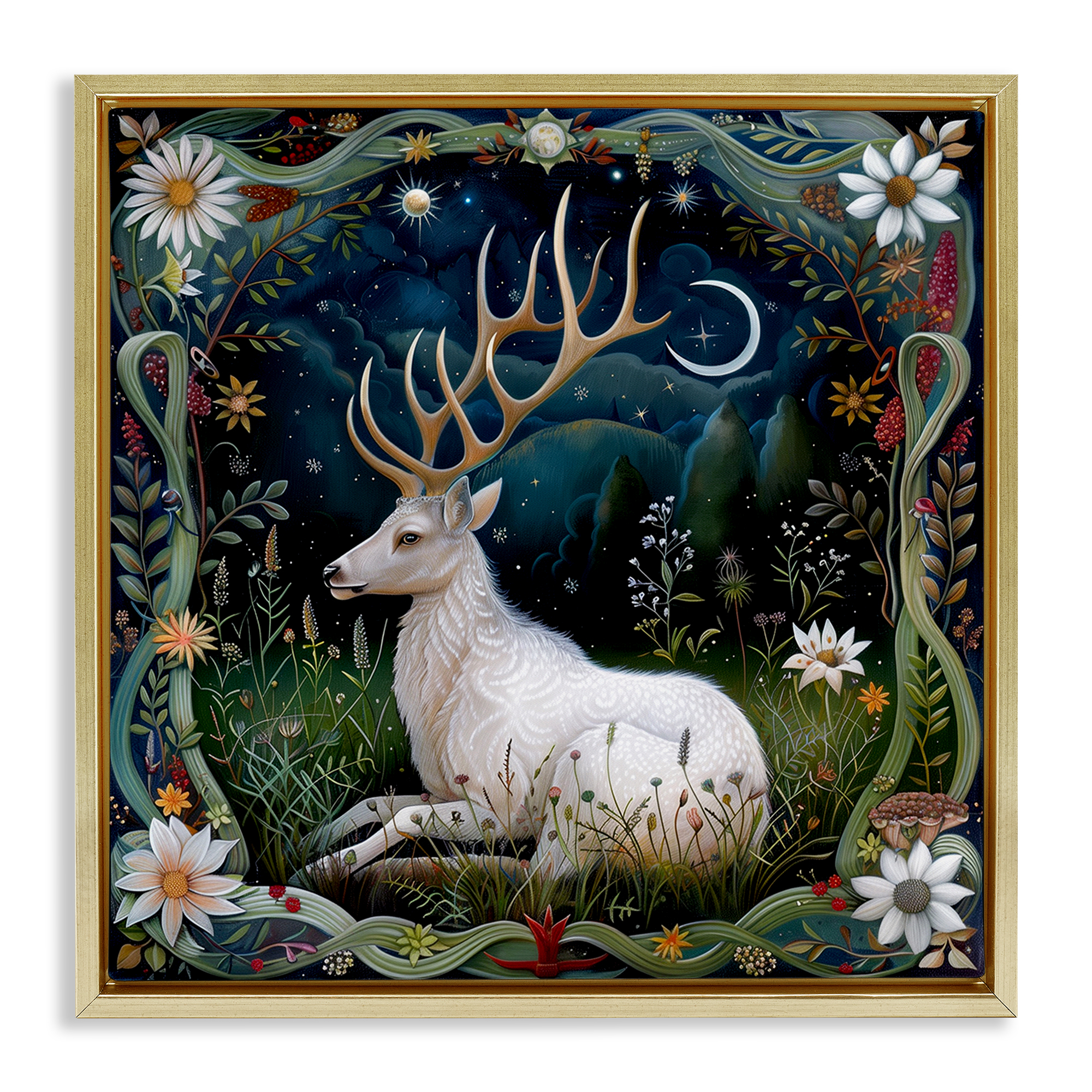 Stupell Industries White Deer Forest Scene Animals Painting Gold Floater Framed Canvas Art Print Wall Art, 25 x 25