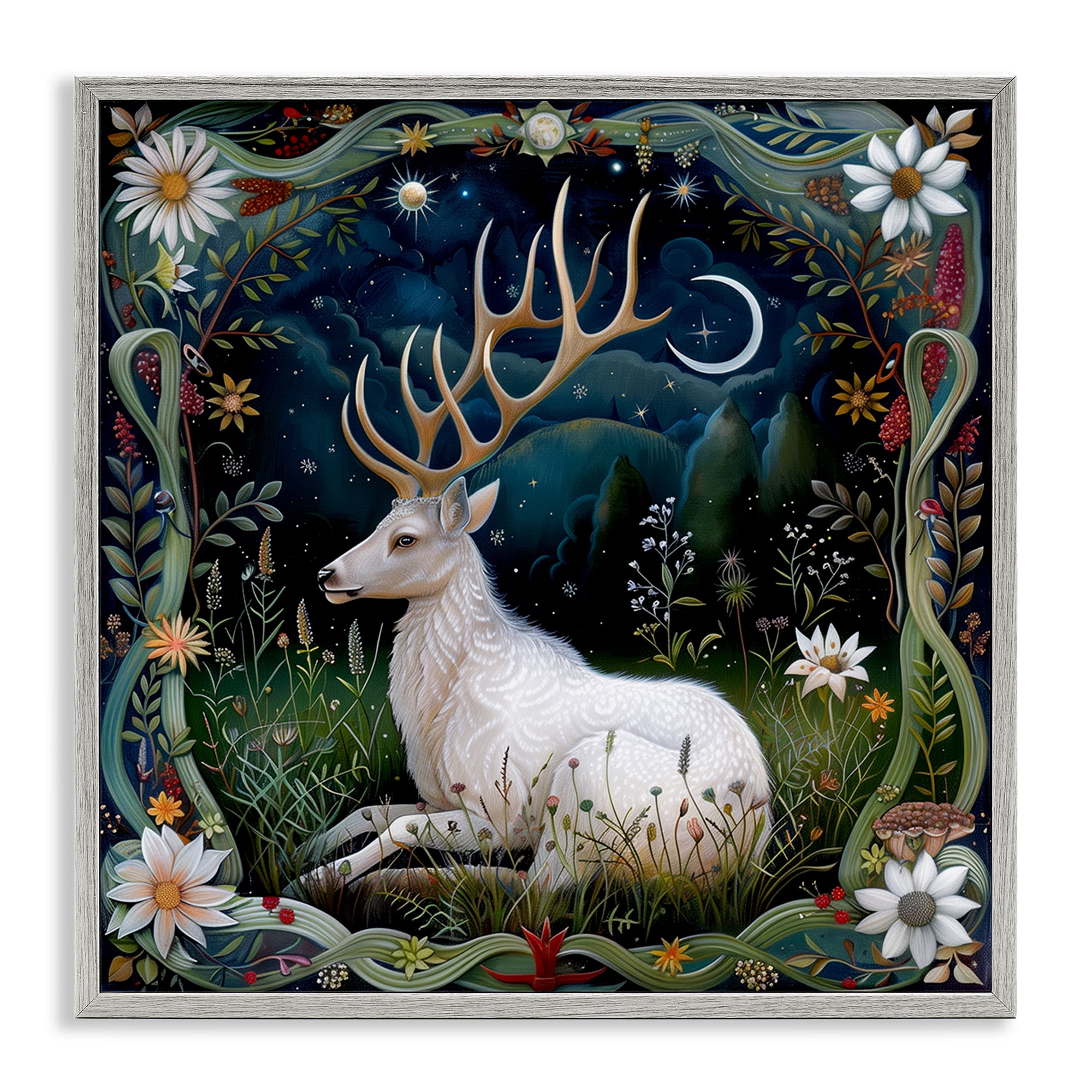 Stupell Industries White Deer Forest Scene Animals Painting Gray Framed Art Print Wall Art, 12 x 12