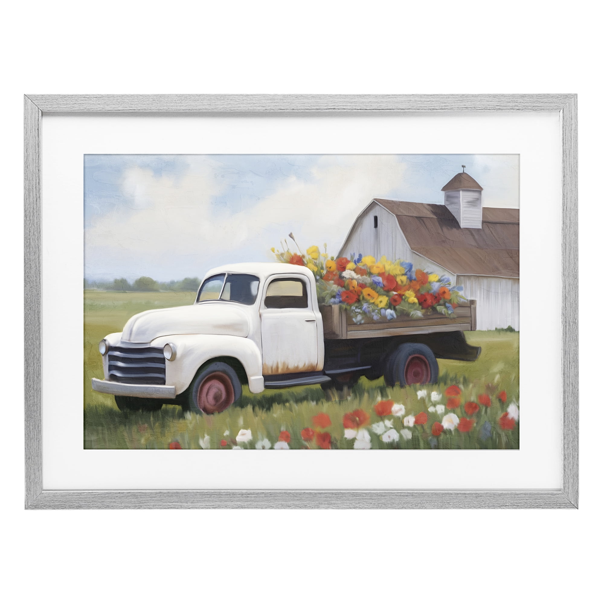 Stupell Industries White Delivery Floral Truck Gray Framed Print Under Glass, design by Kim Allen
