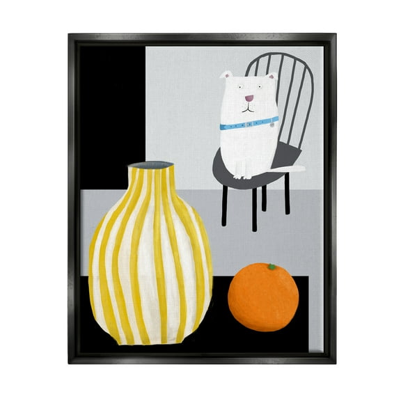 Stupell Industries White Dog Sitting Vase Still Life Animals & Insects Painting Black Floater Framed Art Print Wall Art