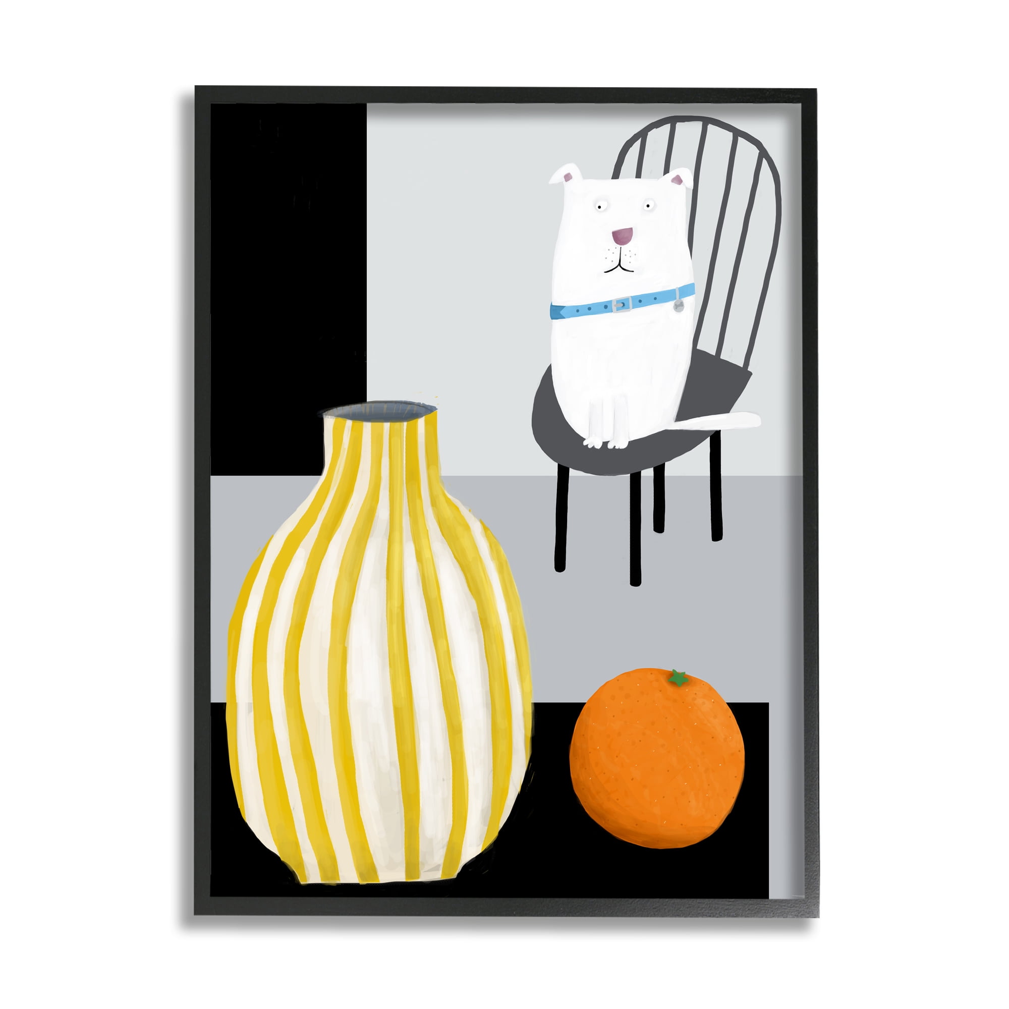 Stupell Industries White Dog Sitting Vase Still Life Animals & Insects Painting Black Framed Art Print Wall Art