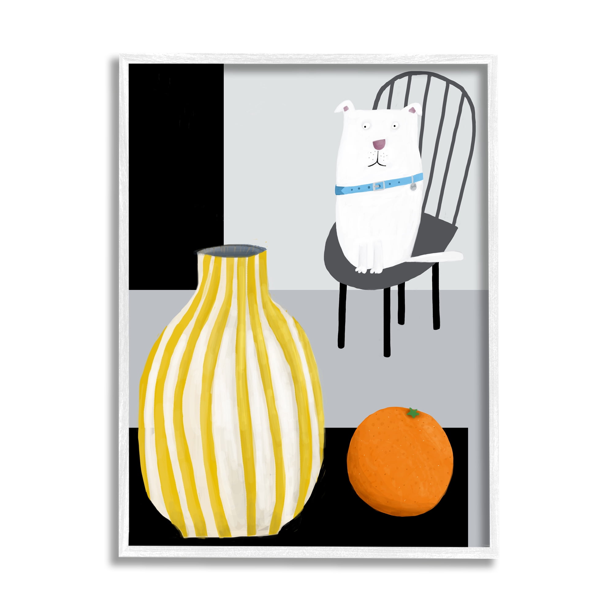 Stupell Industries White Dog Sitting Vase Still Life Animals & Insects Painting White Framed Art Print Wall Art