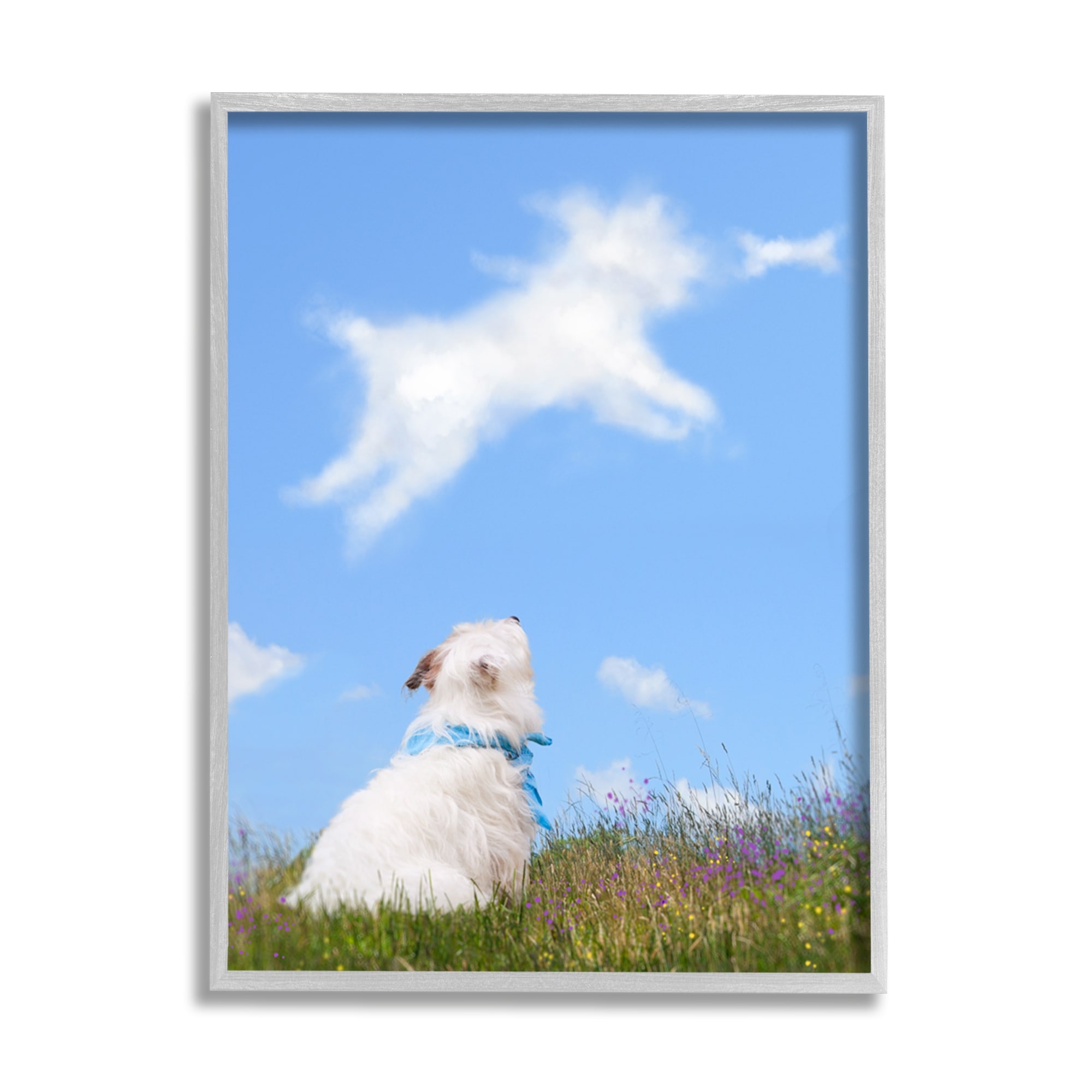Stupell Industries White Dog Watching Shaped Clouds Chasing Bone Graphic Art Gray Framed Art Print Wall Art, Design by Michael Quackenbush