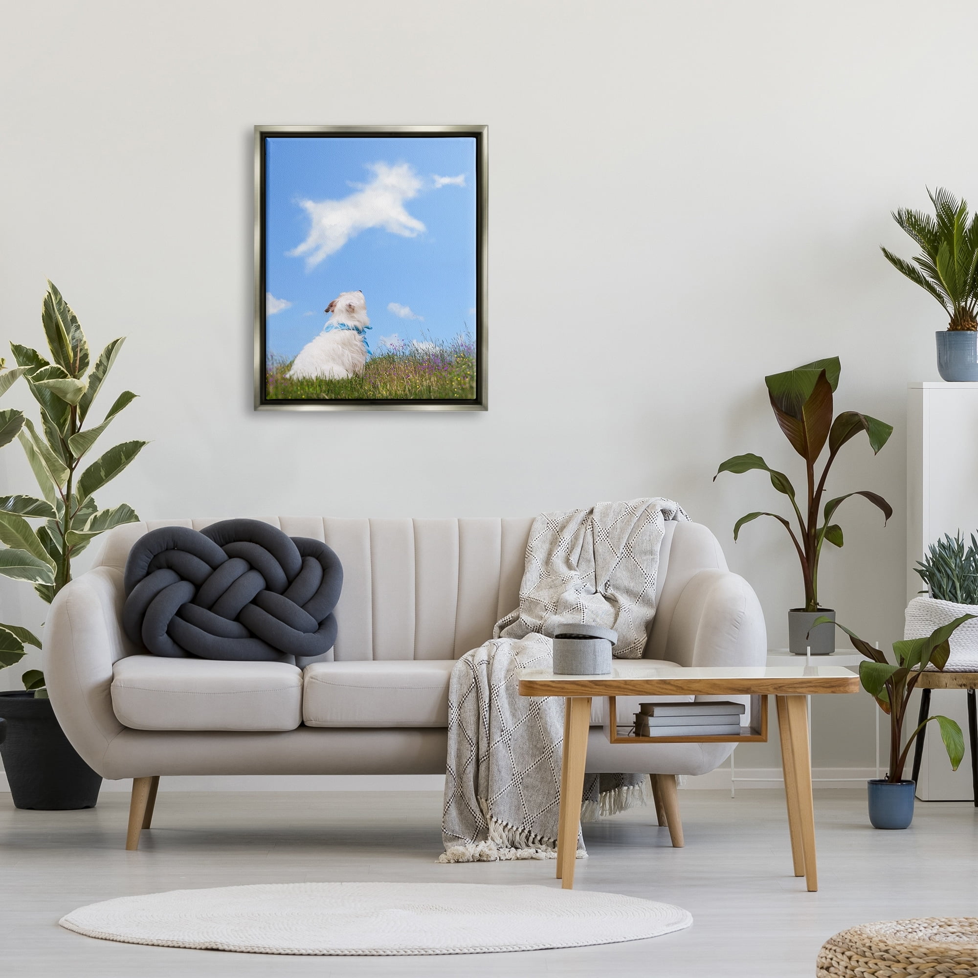 Stupell Industries White Dog Watching Shaped Clouds Chasing Bone Graphic Art Luster Gray Floating Framed Canvas Print Wall Art, Design by Michael Quackenbush