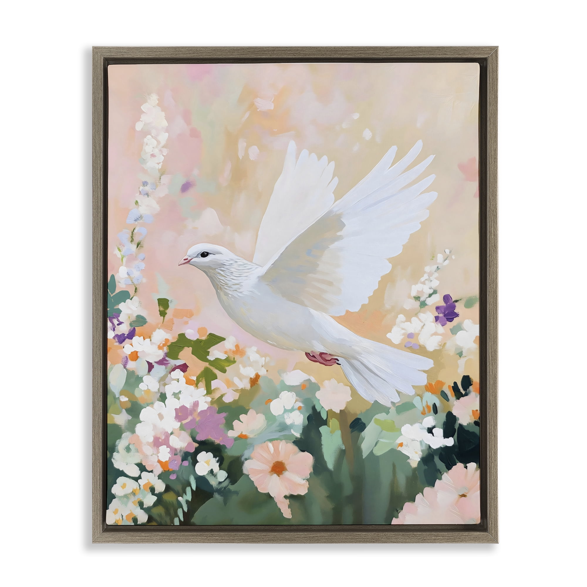 Stupell Industries White Dove Among Spring Blooms Brown Framed Floater Canvas Wall Art, design by The Prints Vibe