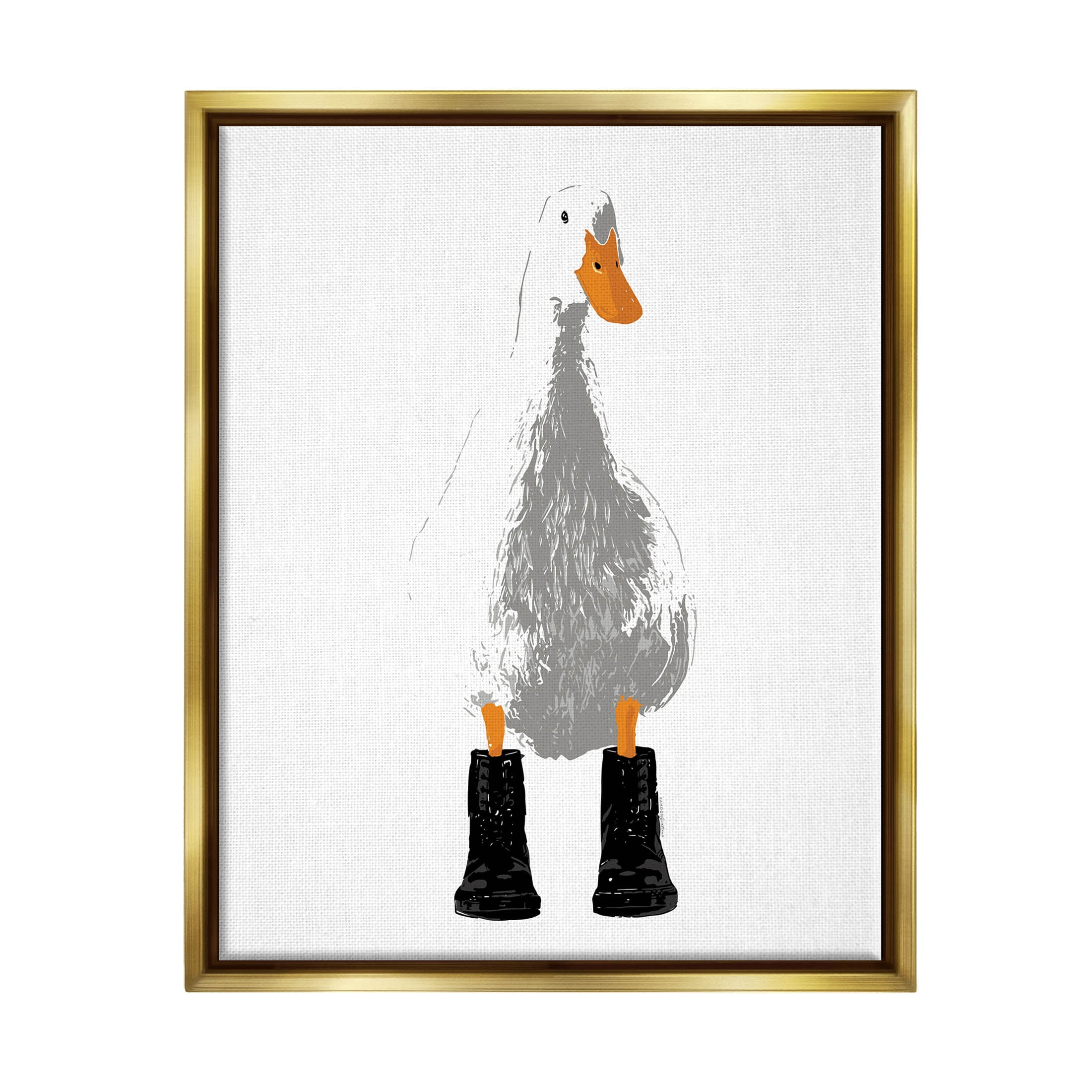 Stupell Industries White Duck Wearing Rain Boots Portrait Graphic Art Metallic Gold Floating Framed Canvas Print Wall Art, Design by Kamdon Kreations