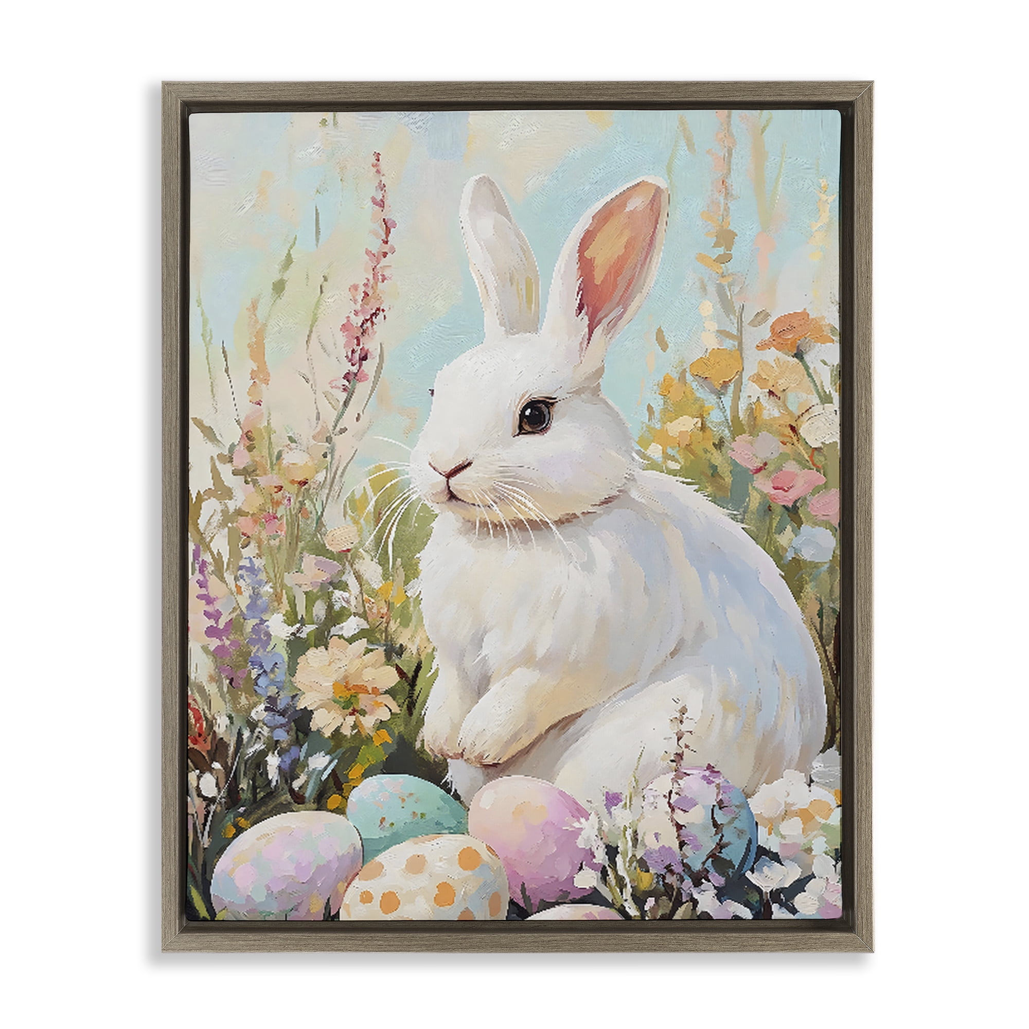 Stupell Industries White Easter Bunny in Wildflowers Brown Framed Floater Canvas Wall Art, design by The Prints Vibe