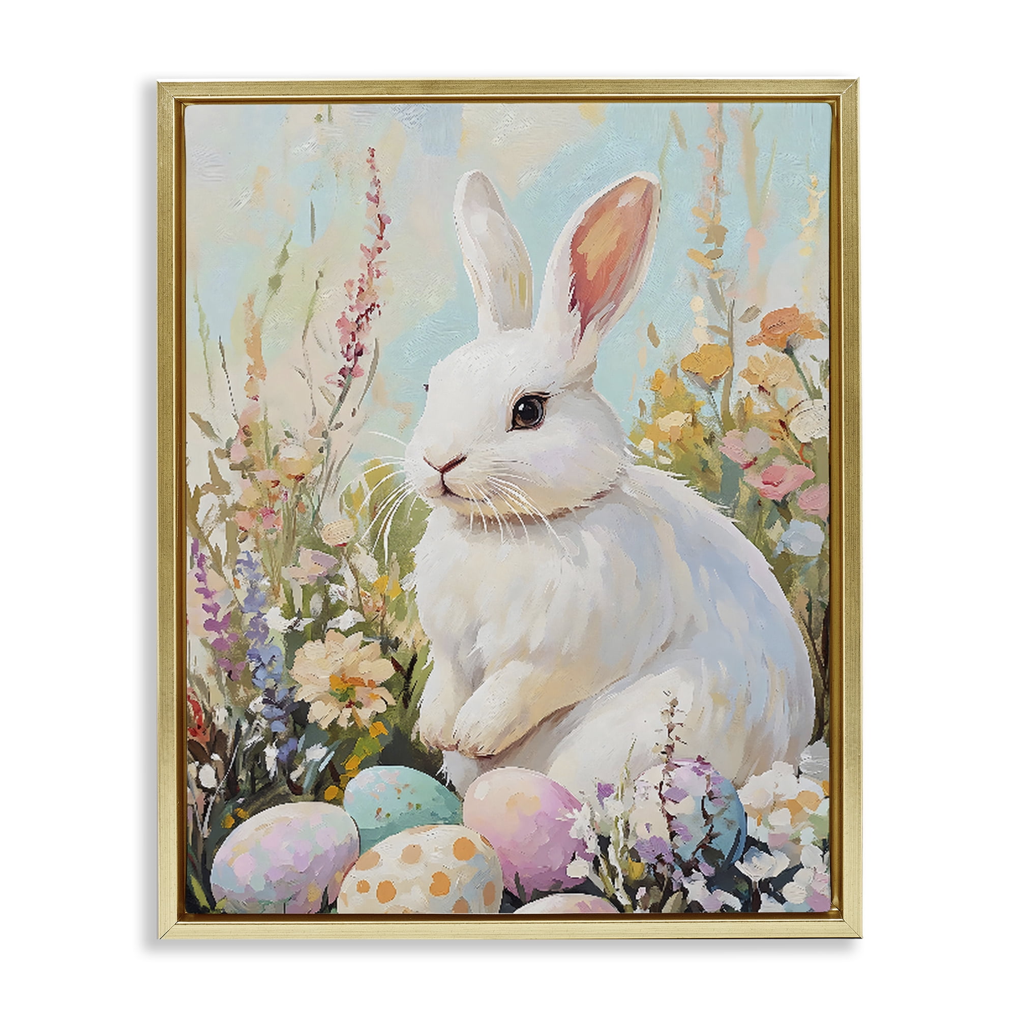Stupell Industries White Easter Bunny in Wildflowers Gold Framed Floater Canvas Wall Art, design by The Prints Vibe