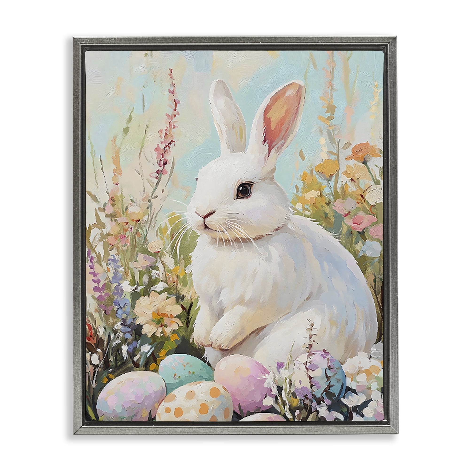 Stupell Industries White Easter Bunny in Wildflowers Gray Framed Floater Canvas Wall Art, design by The Prints Vibe