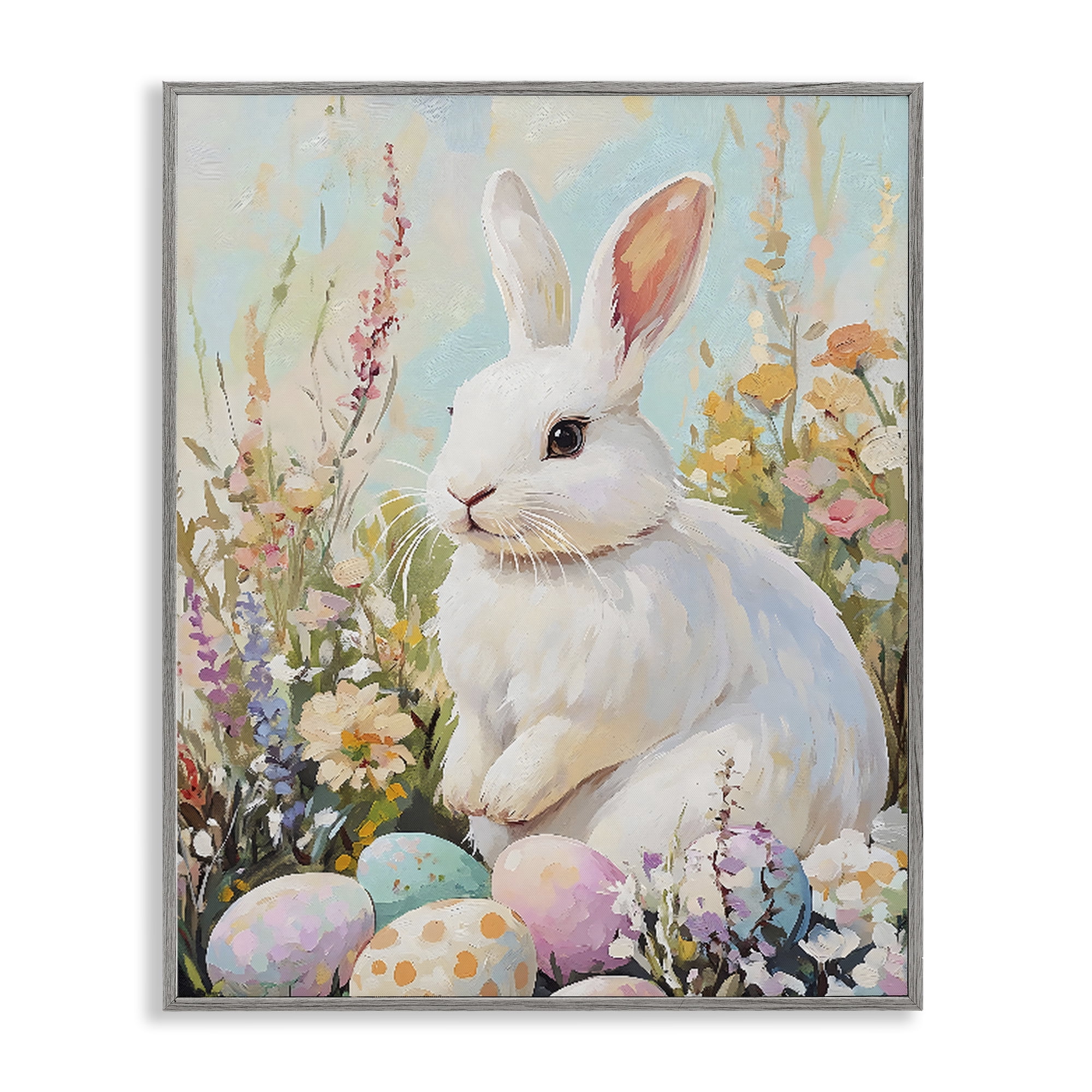 Stupell Industries White Easter Bunny in Wildflowers Gray Framed Giclee Art, design by The Prints Vibe