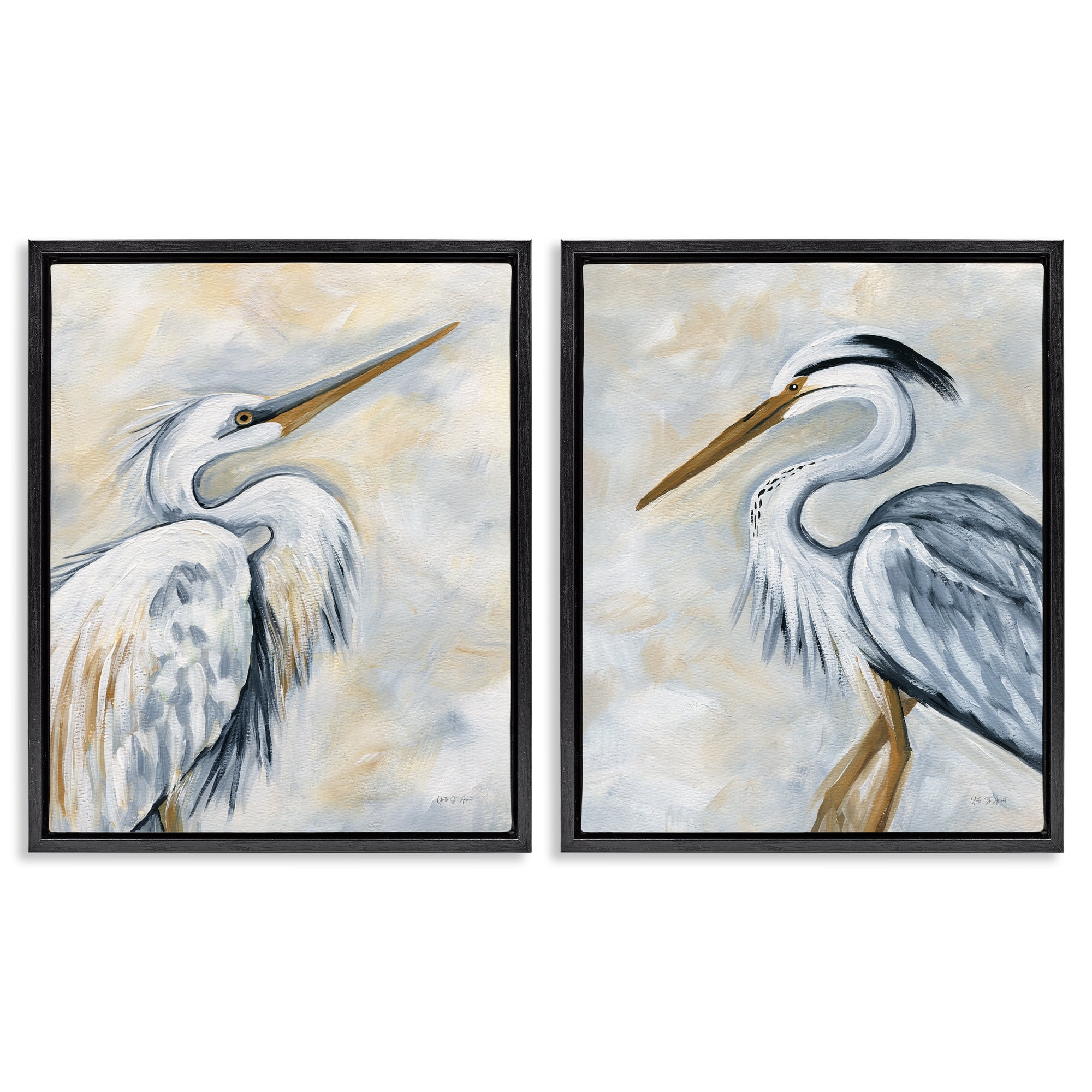 Stupell Industries White Egret Blue Heron Animals Painting Black Floater Framed Canvas Art Print Wall Art, 17 x 21, Set of 2