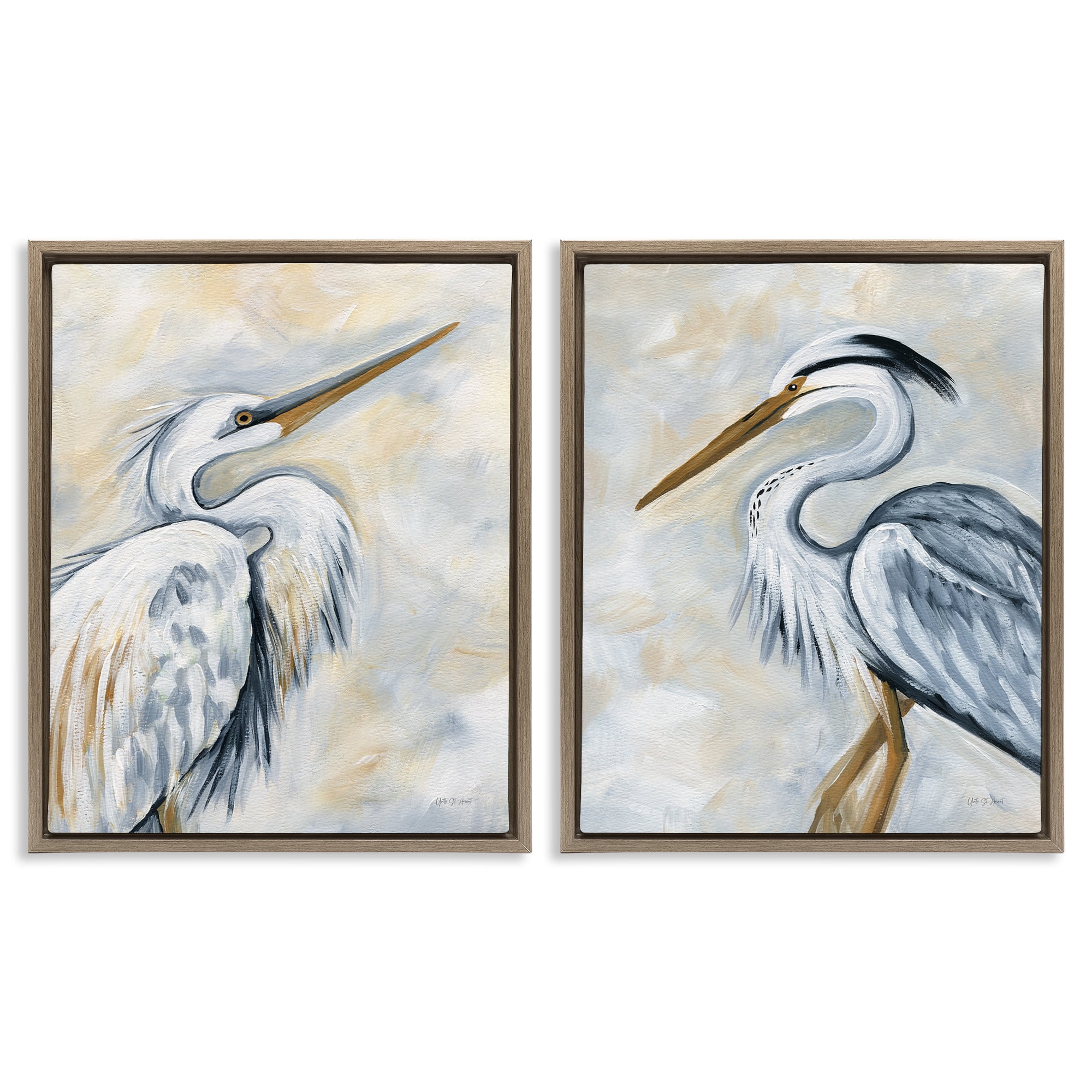 Stupell Industries White Egret Blue Heron Animals Painting Brown Floater Framed Canvas Art Print Wall Art, 17 x 21, Set of 2