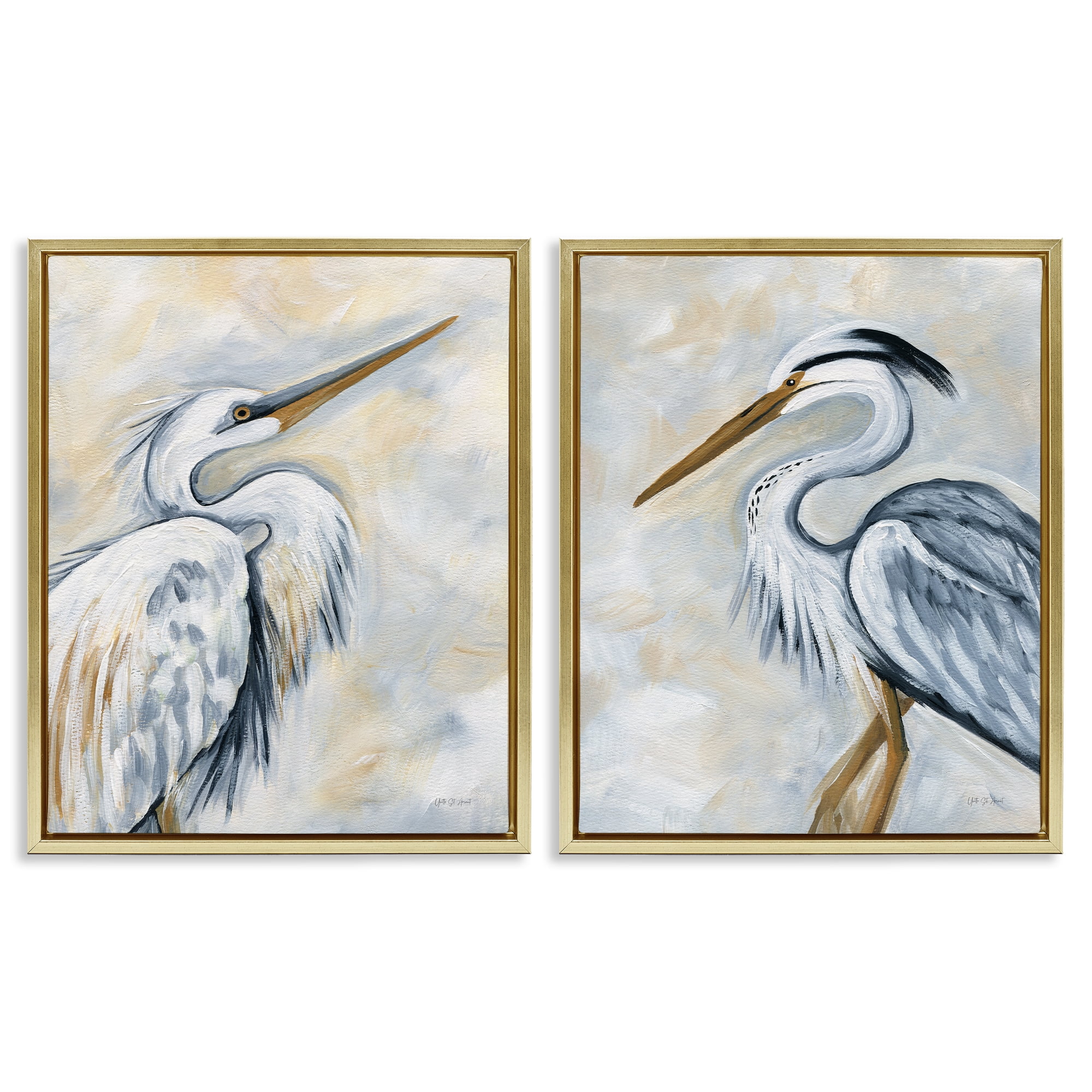 Stupell Industries White Egret Blue Heron Animals Painting Gold Floater Framed Canvas Art Print Wall Art, 17 x 21, Set of 2
