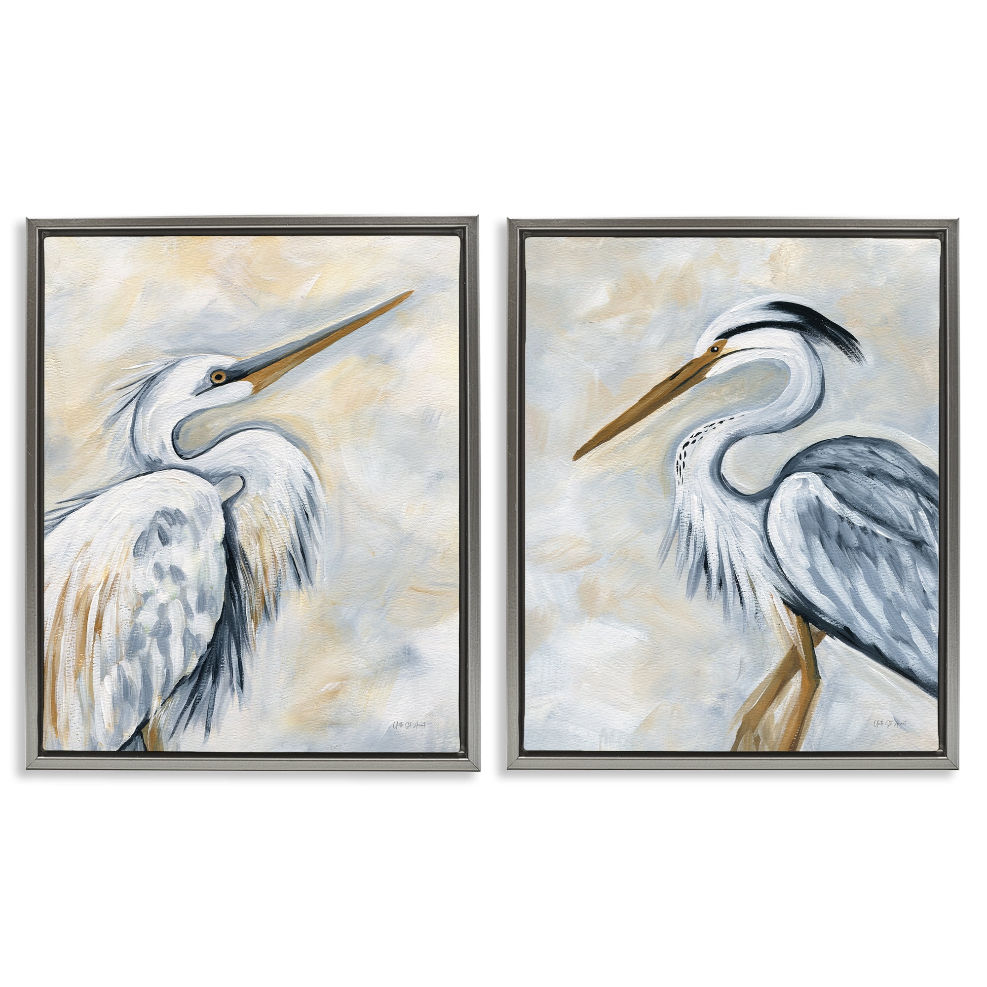 Stupell Industries White Egret Blue Heron Animals Painting Gray Floater Framed Canvas Art Print Wall Art, 17 x 21, Set of 2