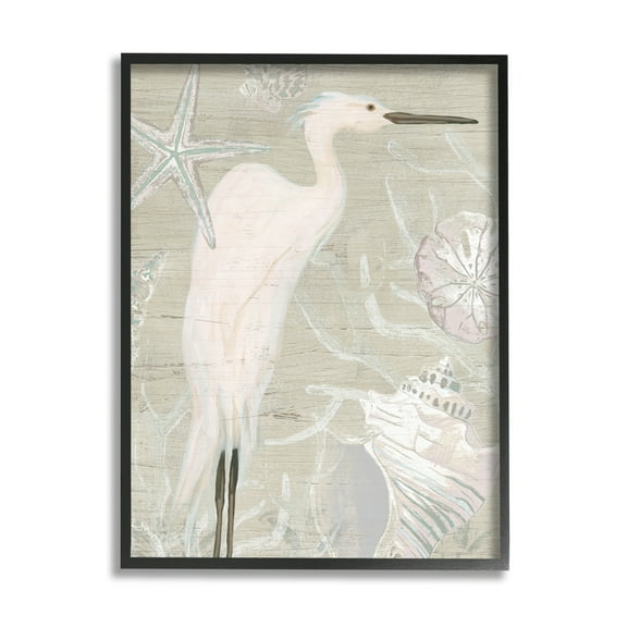 Stupell Industries White Egret Seashells Starfish Rustic Grain Pattern Graphic Art Black Framed Art Print Wall Art, Design by June Erica Vess