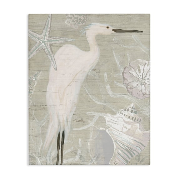 Stupell Industries Coastal White Egret Seashells Starfish Rustic Grain Pattern Canvas Art, 16 x 20, by June Erica Vess