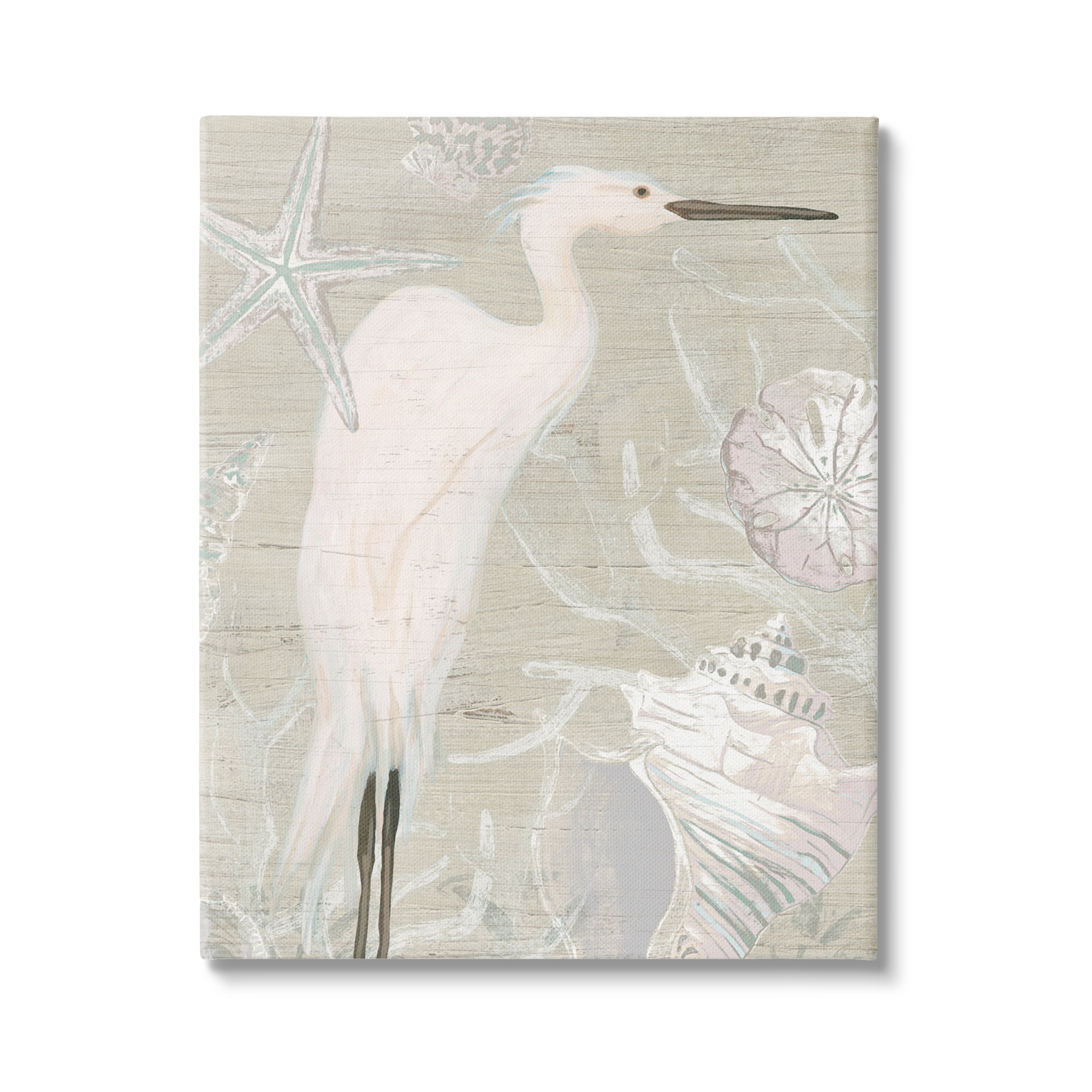 Stupell Industries White Egret Seashells Starfish Rustic Grain Pattern Graphic Art Gallery Wrapped Canvas Print Wall Art, Design by June Erica Vess