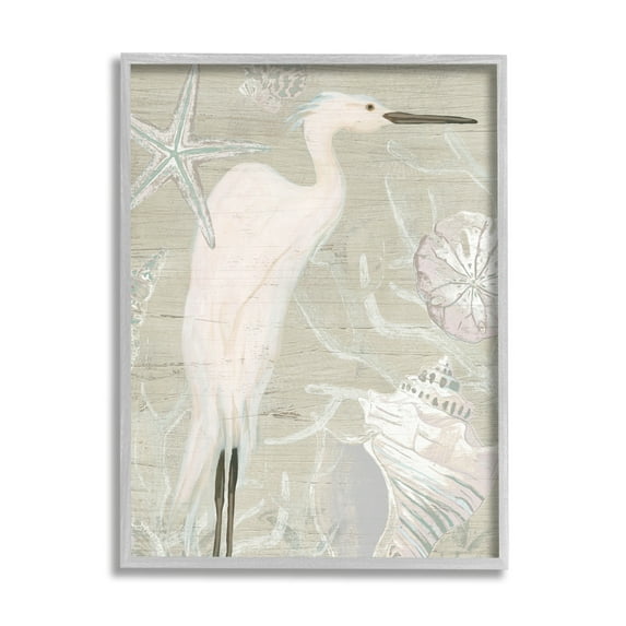 Stupell Industries White Egret Seashells Starfish Rustic Grain Pattern Graphic Art Gray Framed Art Print Wall Art, Design by June Erica Vess