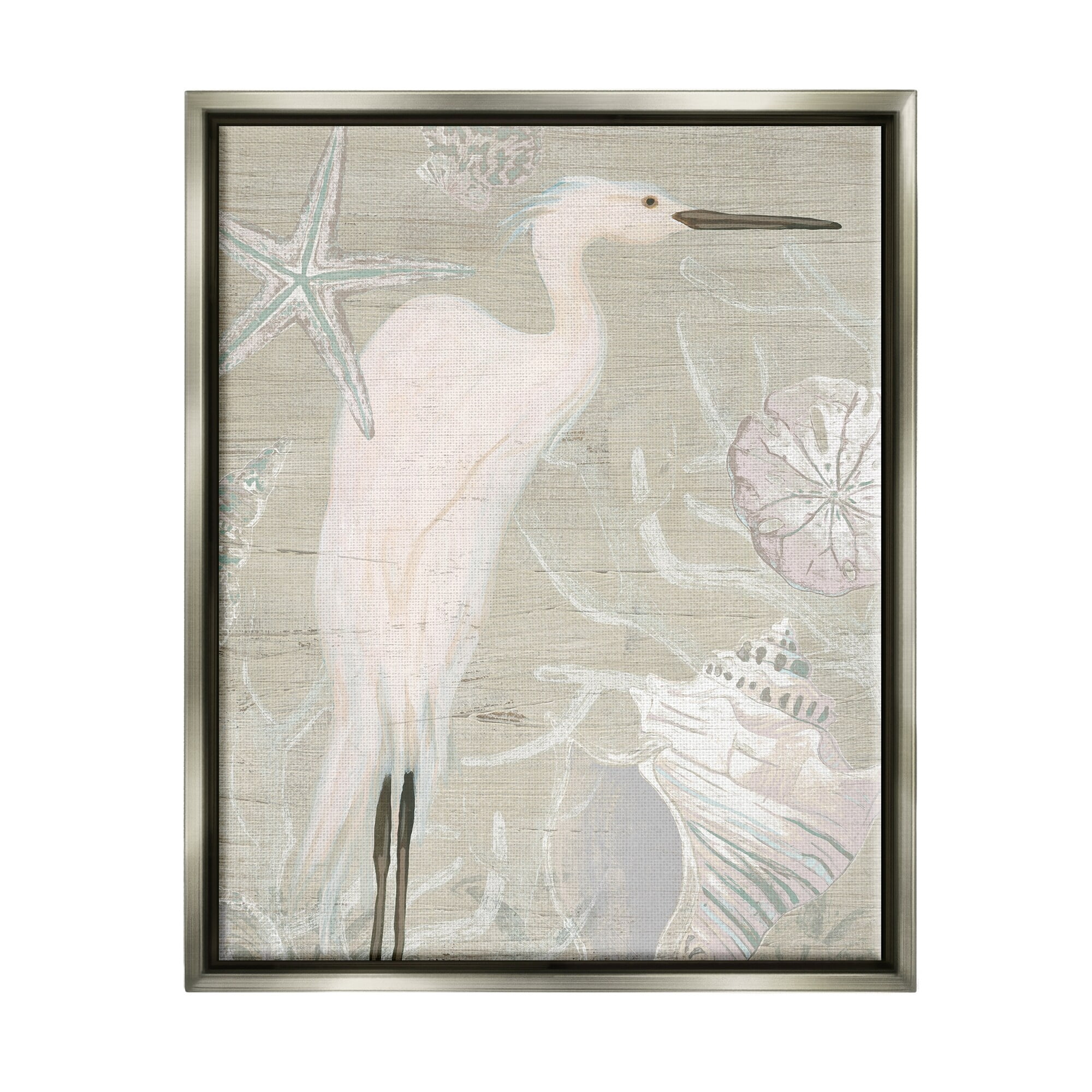 Stupell Industries White Egret Seashells Starfish Rustic Grain Pattern Graphic Art Luster Gray Floating Framed Canvas Print Wall Art, Design by June Erica Vess