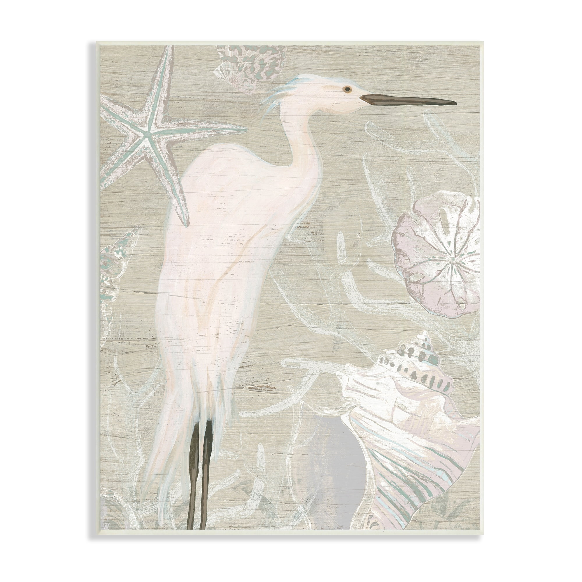 Stupell Industries White Egret Seashells Starfish Rustic Grain Pattern Graphic Art Unframed Art Print Wall Art, Design by June Erica Vess