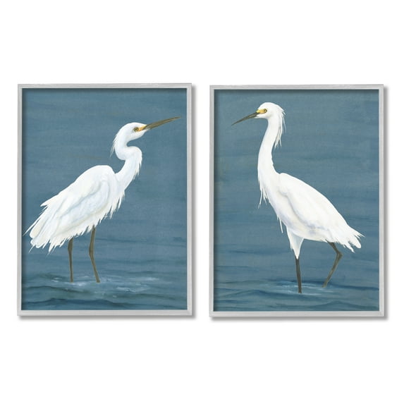 Stupell Industries White Egrets on Shore Animals & Insects Painting Gray Framed Art Print Wall Art, 11 x 14
