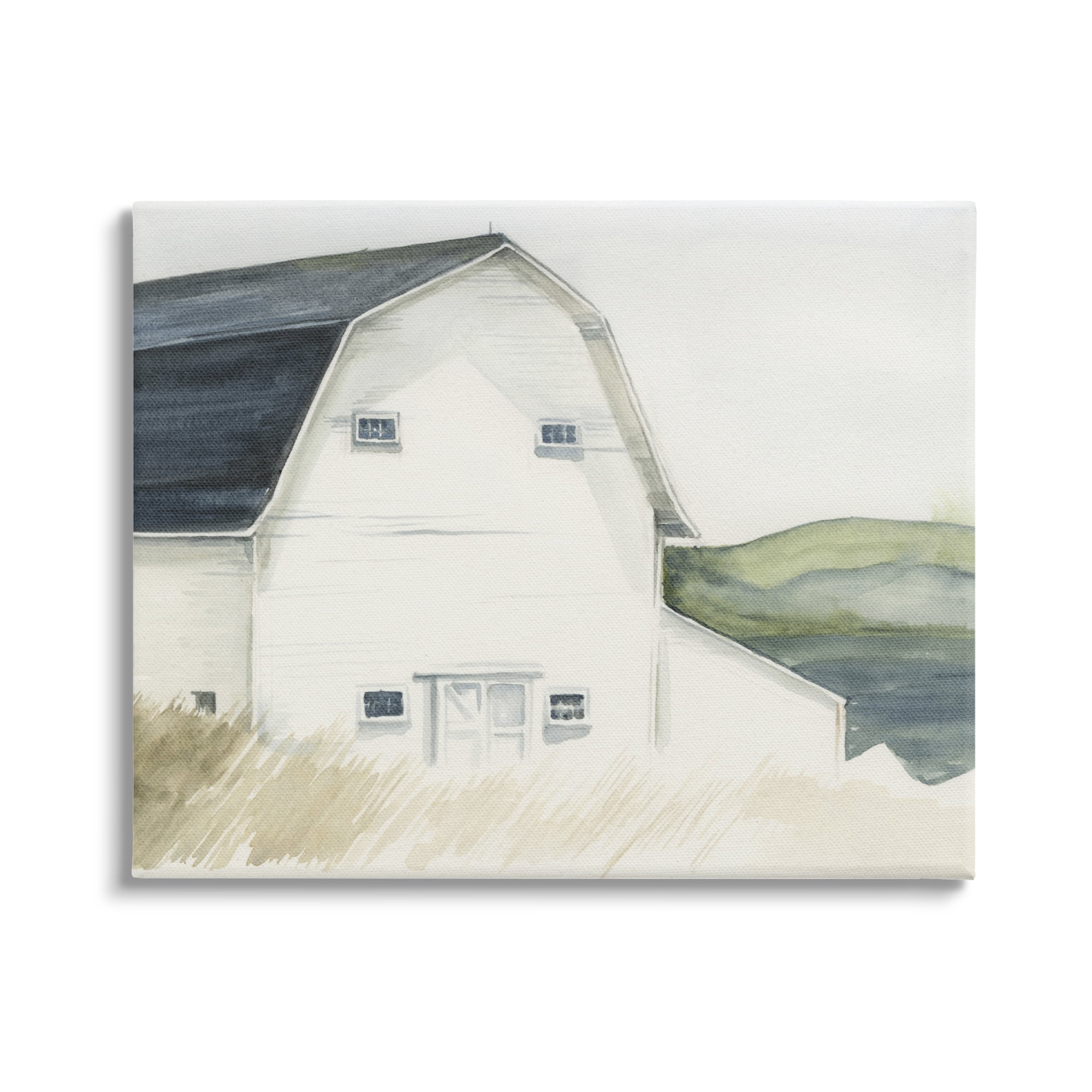 Stupell Industries White Farmhouse Barn Rural Grassland Countryside Farmhouse Painting Gallery-Wrapped Canvas Print Wall Art, 20 x 16, Design by Jennifer Paxton Parker