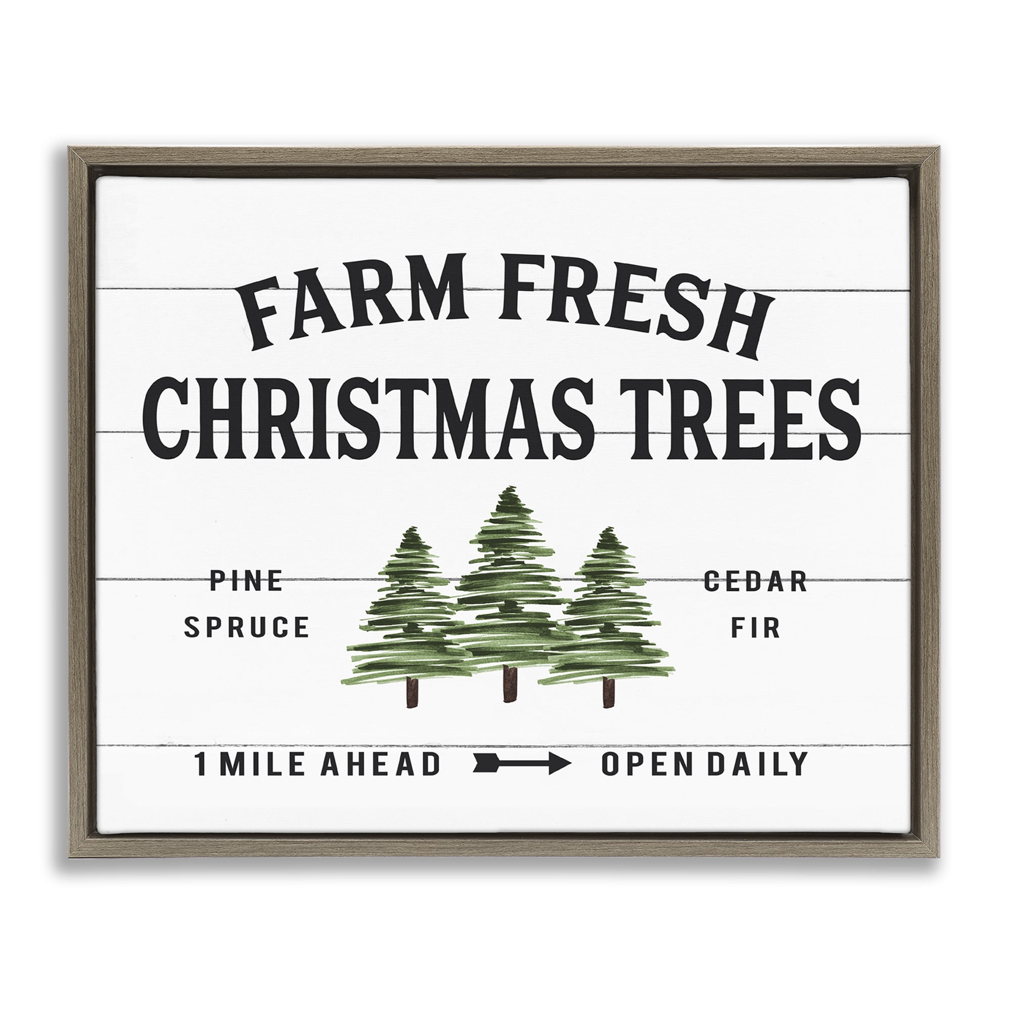 Stupell Industries White Farmhouse Christmas Tree Sign Holiday Painting Brown Floater Framed Canvas Art Print Wall Art, 21 x 17