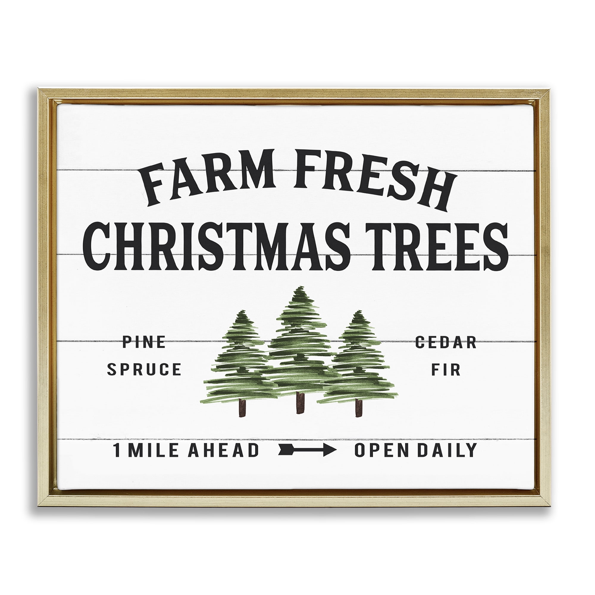 Stupell Industries White Farmhouse Christmas Tree Sign Holiday Painting Gold Floater Framed Canvas Art Print Wall Art, 21 x 17