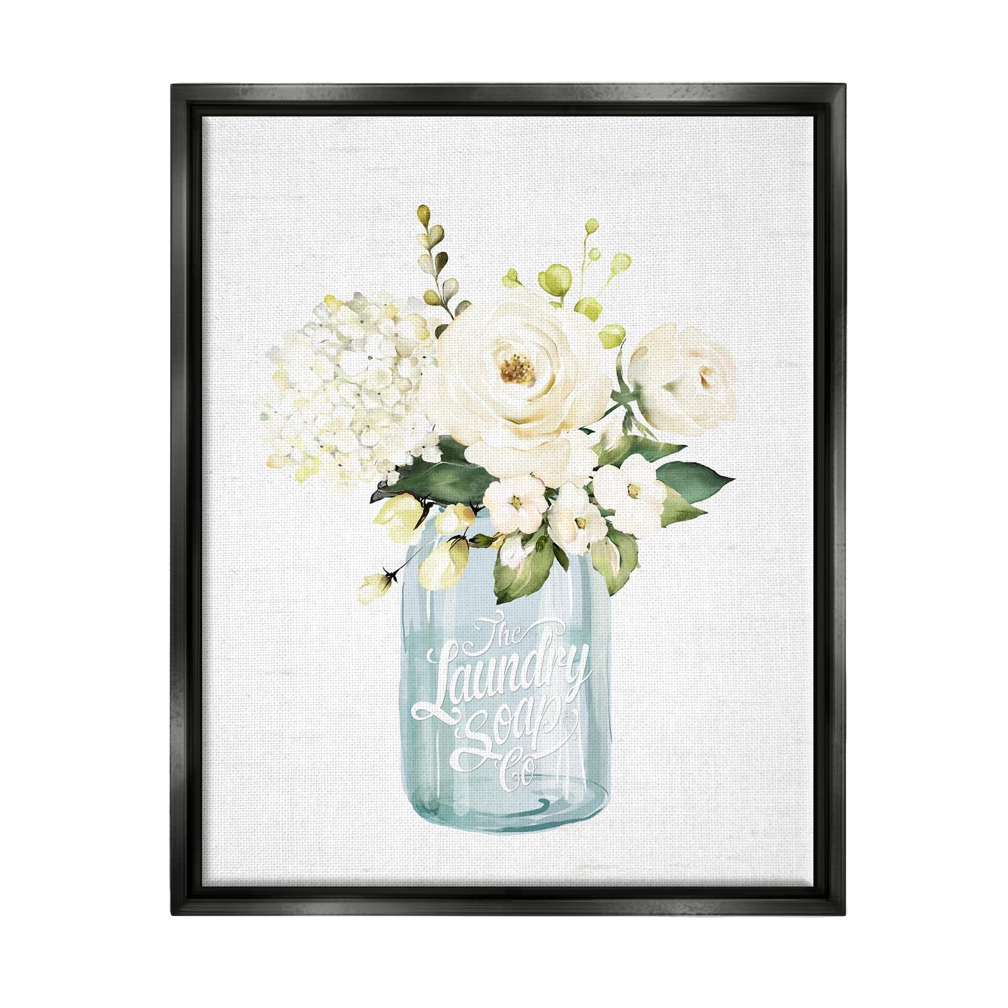 Stupell Industries White Floral Bouquet Vintage Laundry Text Jar Graphic Art Jet Black Floating Framed Canvas Print Wall Art, Design by Lettered and Lined