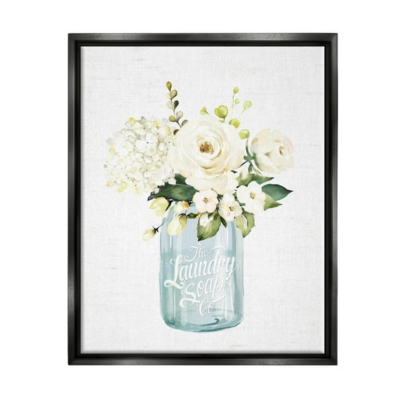 Stupell Industries White Floral Bouquet Vintage Laundry Text Jar Graphic Art Jet Black Floating Framed Canvas Print Wall Art, Design by Lettered and Lined