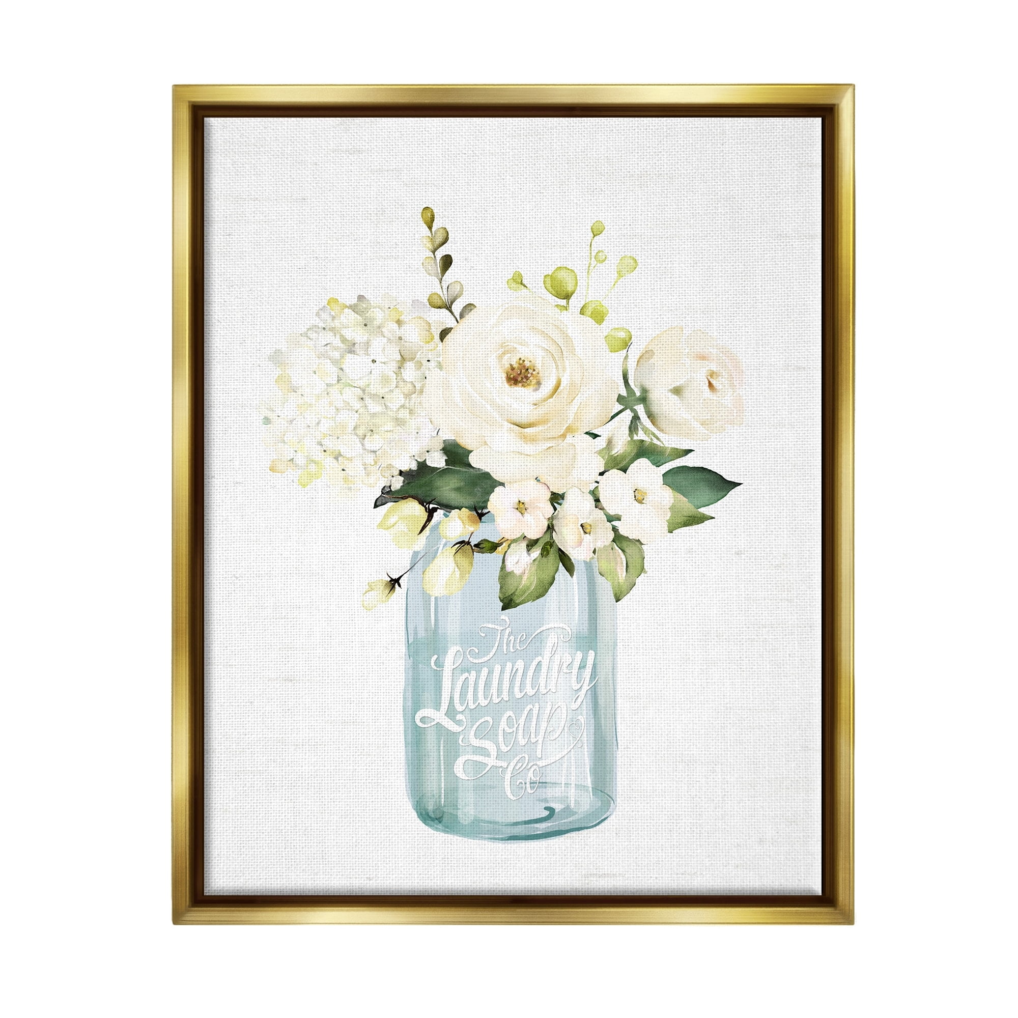 Stupell Industries White Floral Bouquet Vintage Laundry Text Jar Graphic Art Metallic Gold Floating Framed Canvas Print Wall Art, Design by Lettered and Lined