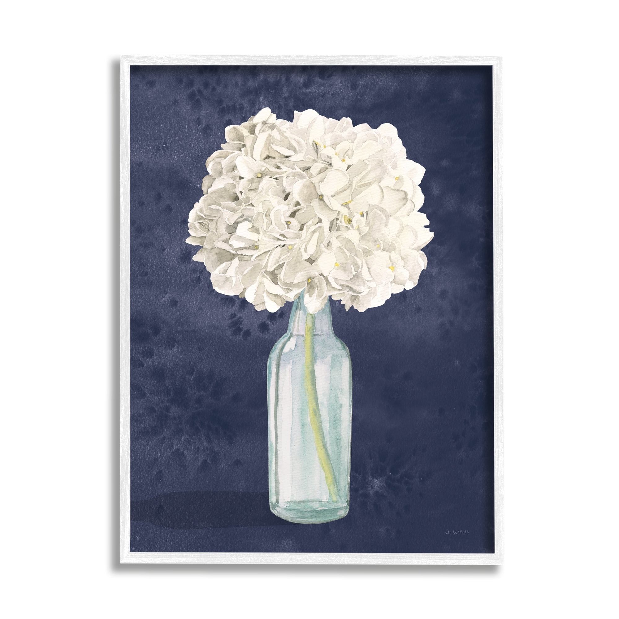 White Floral Bouquet in Blue Bottle Abstract Print with White Frame