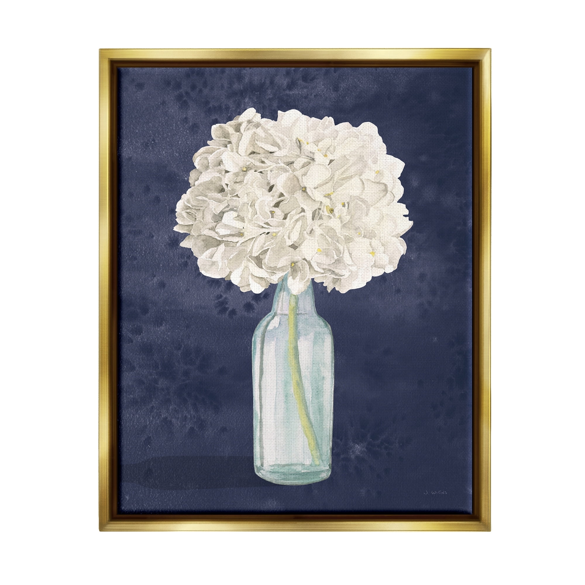 Stupell Industries White Floral Bouquet in Bottle Blue Painting Metallic Gold Framed Floating Canvas Wall Art, 24x30, by James Wiens