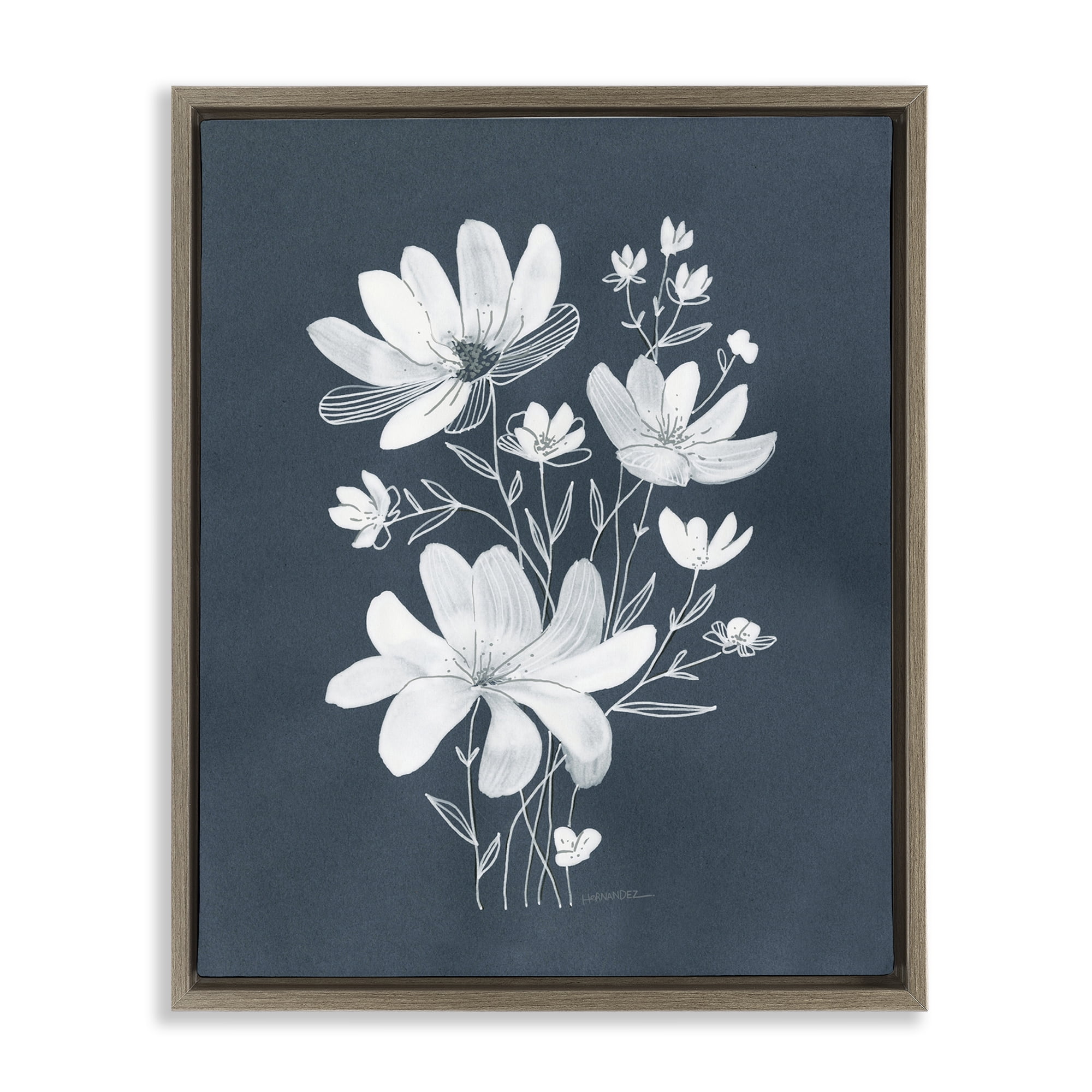 Stupell Industries White Floral with Outline Plants & Flowers Painting Brown Floater Framed Canvas Art Print Wall Art, 17 x 21