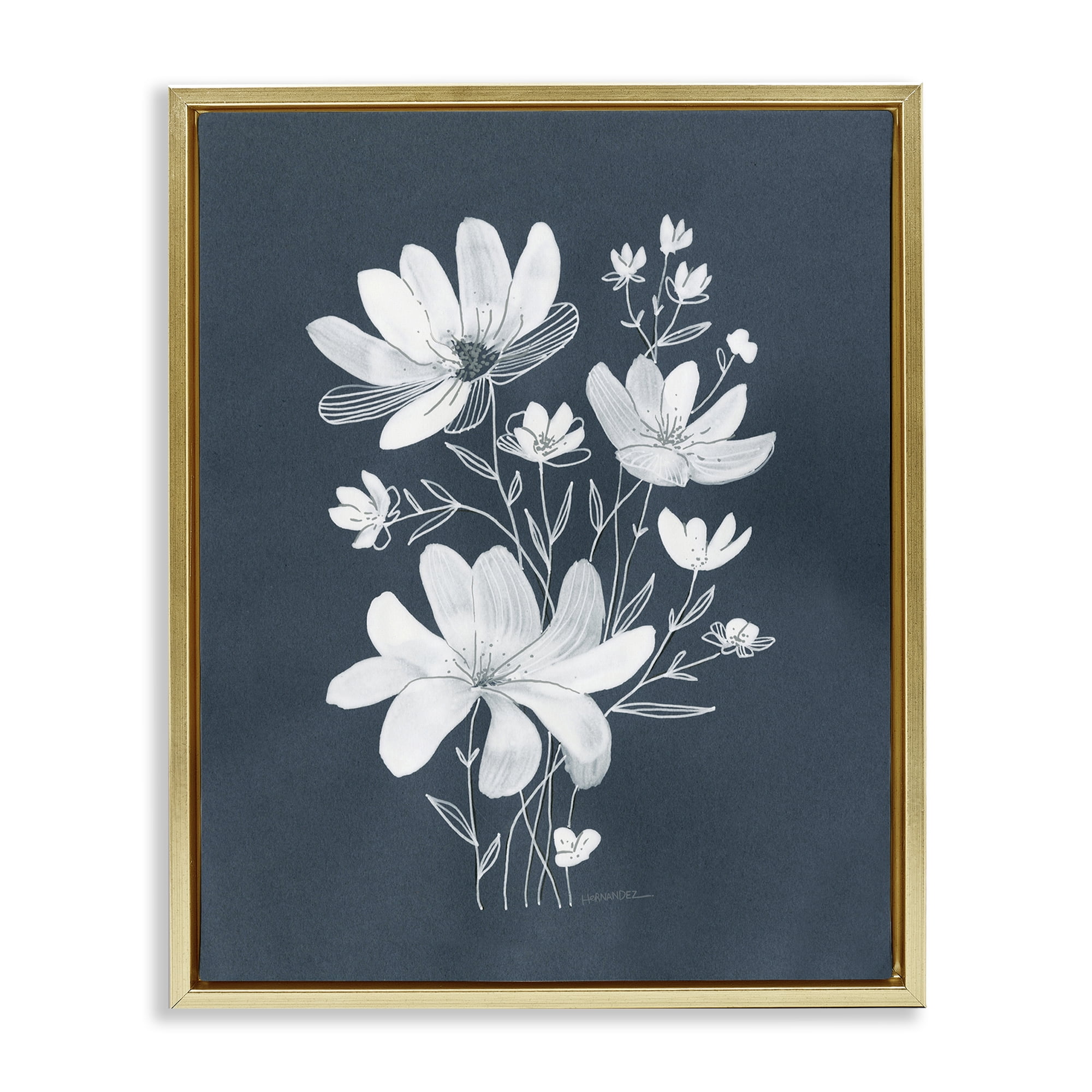 Stupell Industries White Floral with Outline Plants & Flowers Painting Gold Floater Framed Canvas Art Print Wall Art, 17 x 21