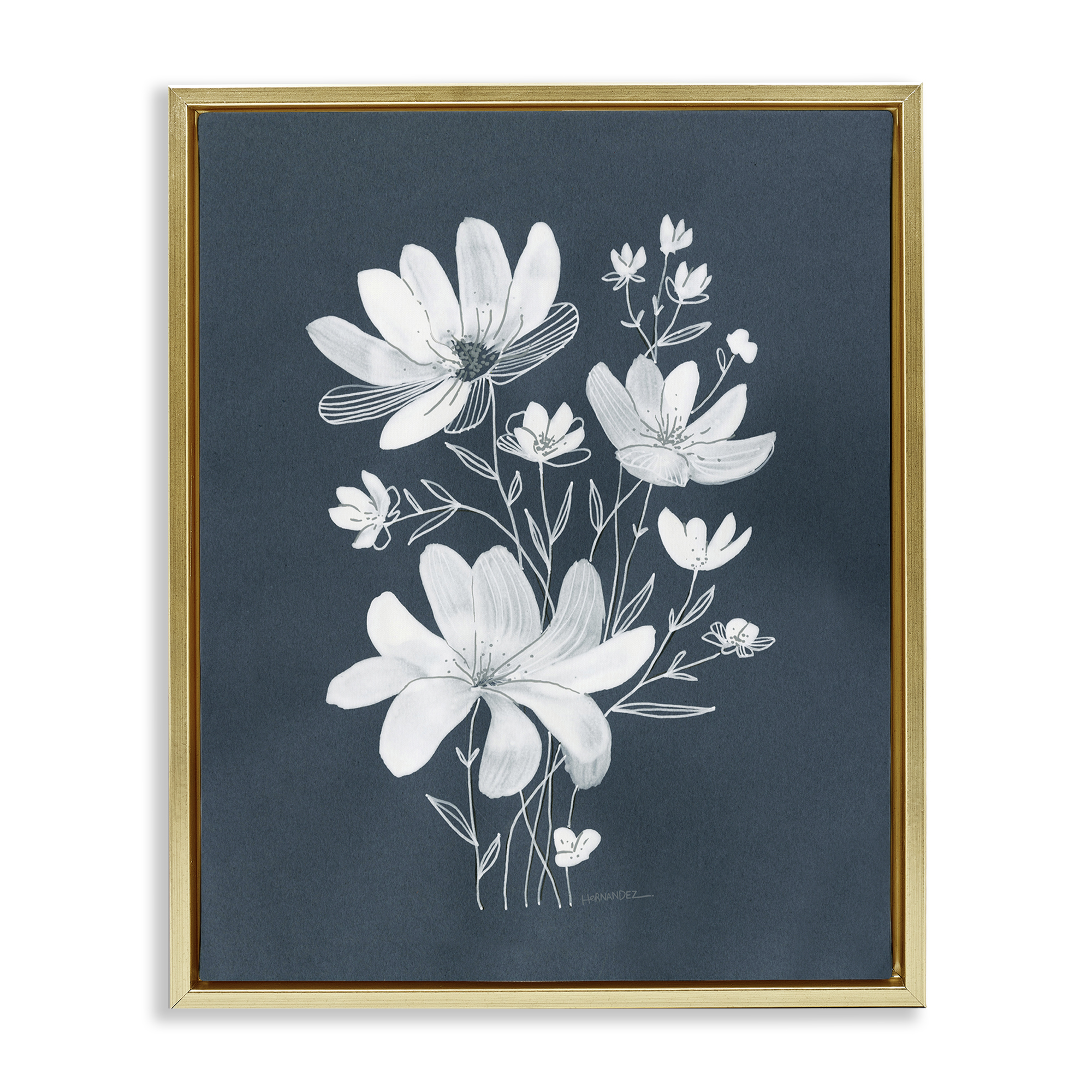 Stupell Industries White Floral with Outline Plants & Flowers Painting Gold Floater Framed Canvas Art Print Wall Art, 25 x 31