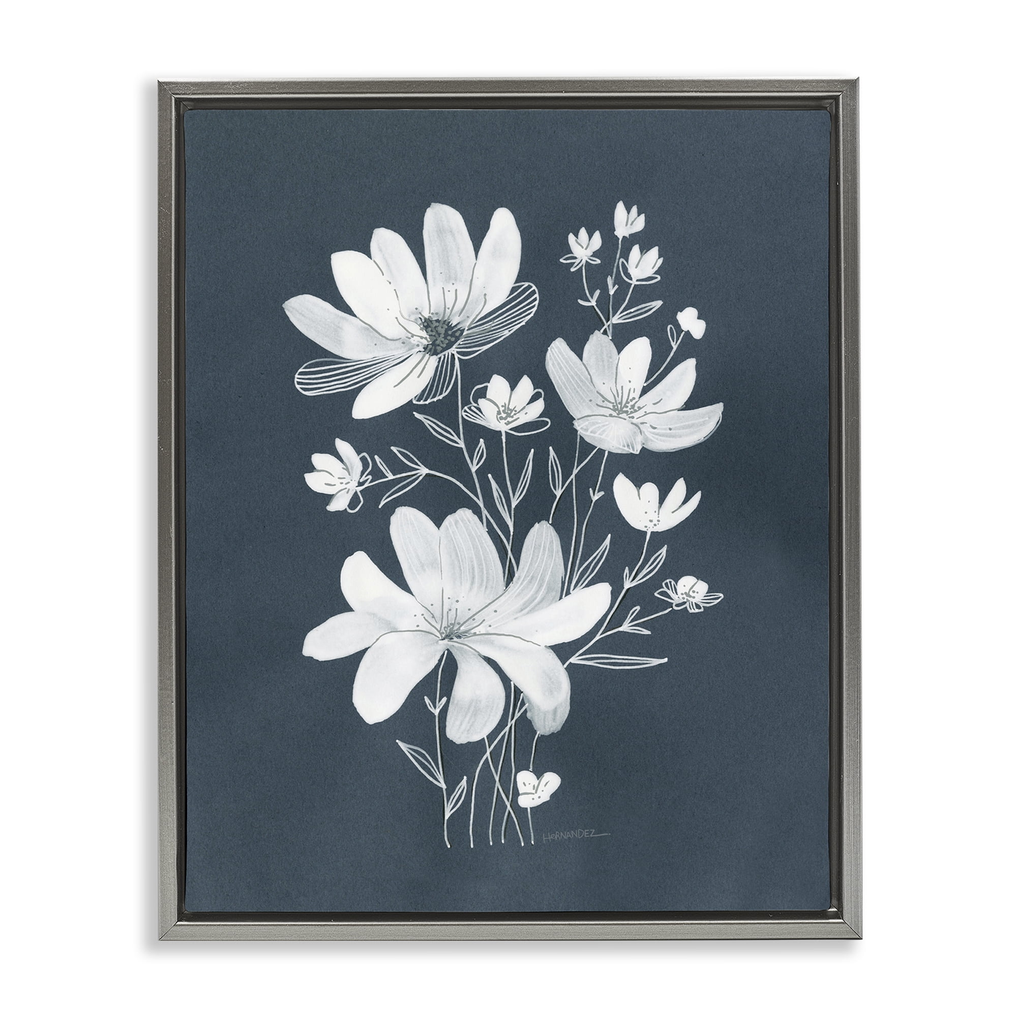 Stupell Industries White Floral with Outline Plants & Flowers Painting Gray Floater Framed Canvas Art Print Wall Art, 17 x 21