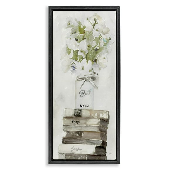 Stupell Industries White Florals on Distressed Books Botanical & Floral Painting Black Floater Framed Canvas Art Print Wall Art, 11 x 25