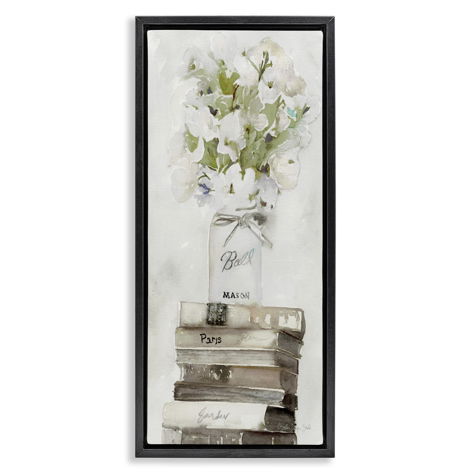 Stupell Industries White Florals on Distressed Books Botanical & Floral Painting Black Floater Framed Canvas Art Print Wall Art, 15 x 31