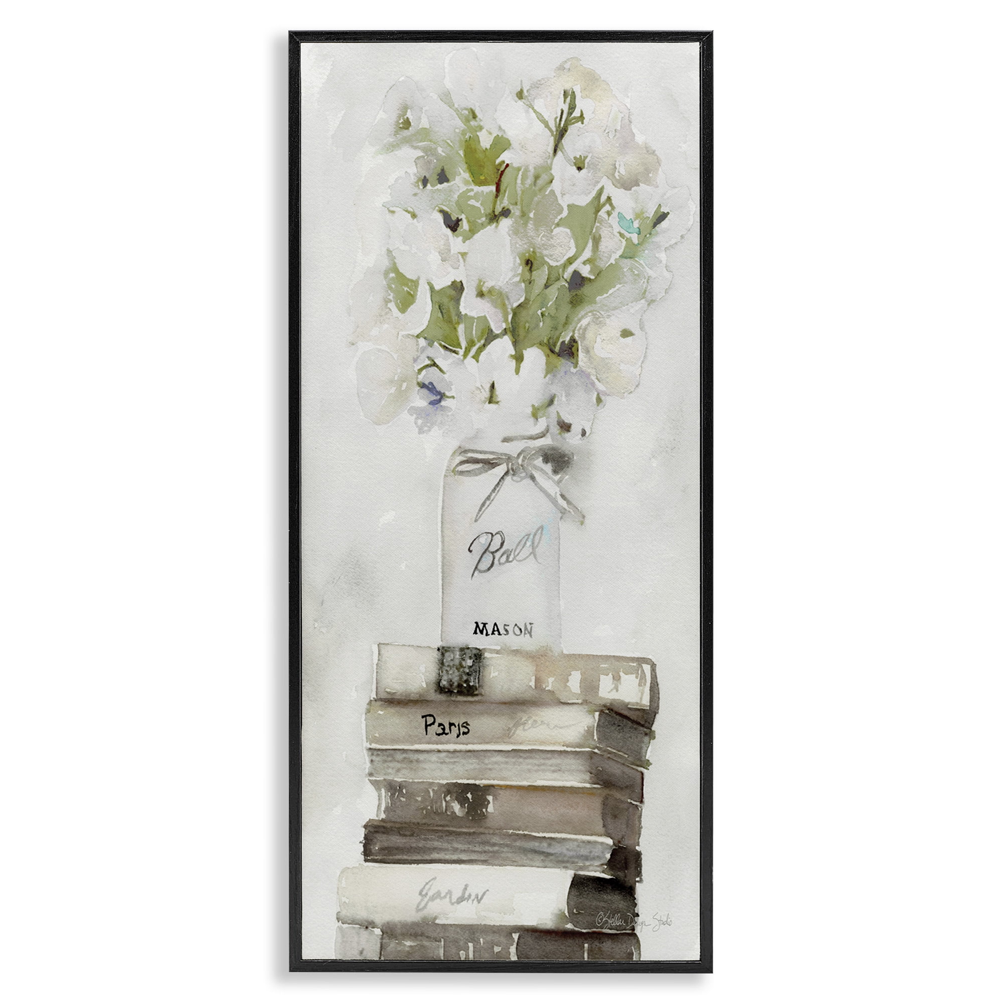 Stupell Industries White Florals on Distressed Books Botanical & Floral Painting Black Framed Art Print Wall Art, 10 x 24