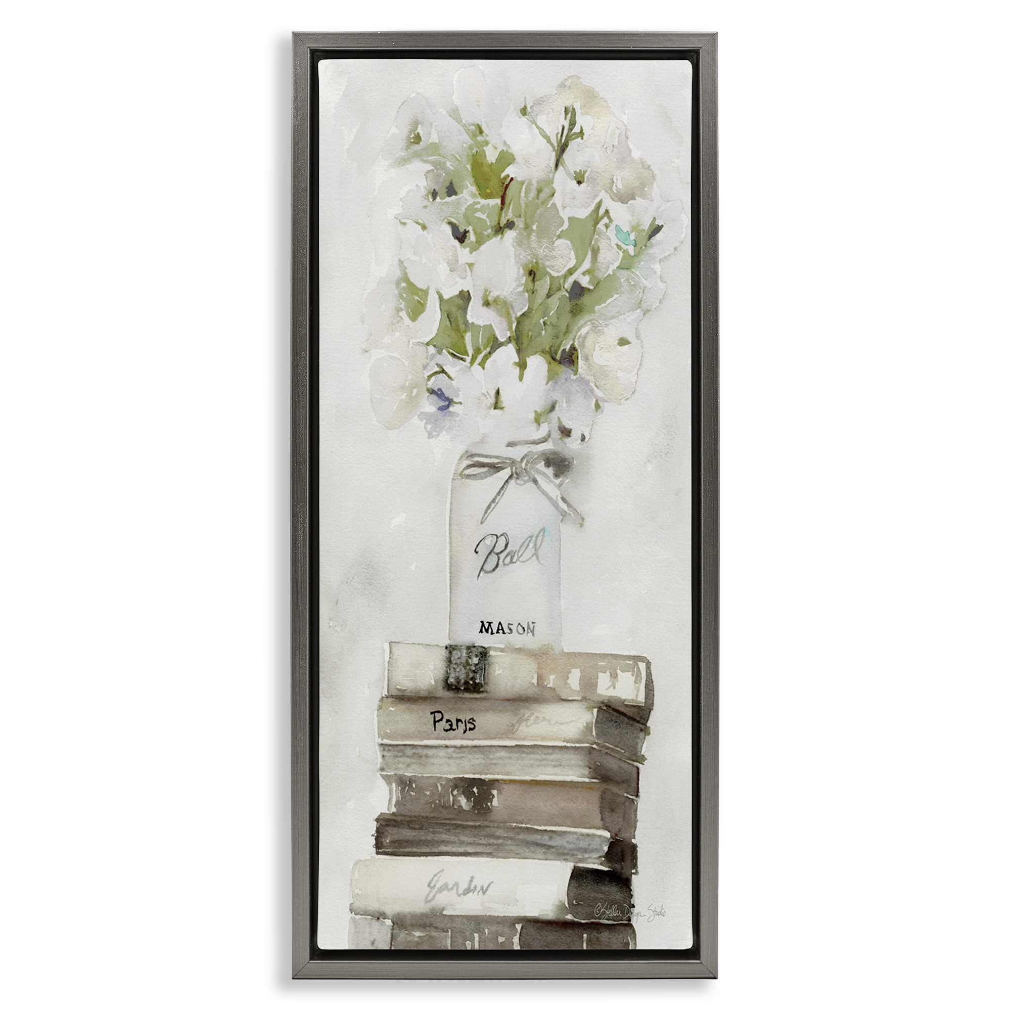 Stupell Industries White Florals on Distressed Books Botanical & Floral Painting Gray Floater Framed Canvas Art Print Wall Art, 11 x 25