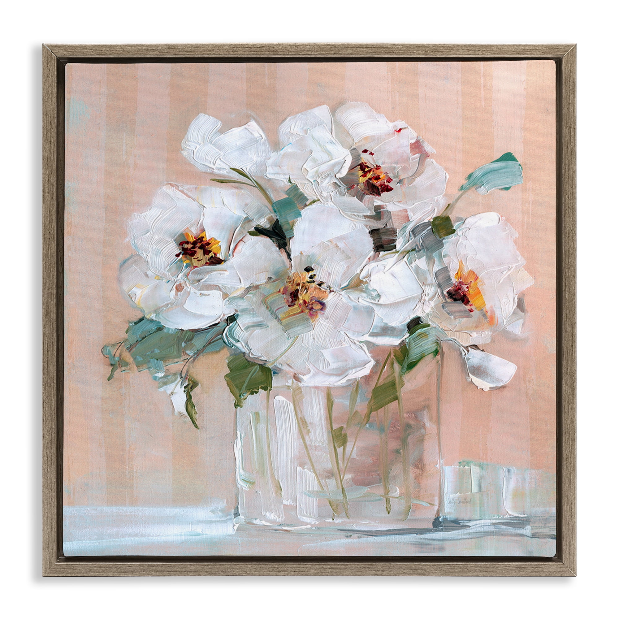 Stupell Industries White Florals on Pink Botanical & Floral Painting Brown Floater Framed Art Print Wall Art, 18 x 18