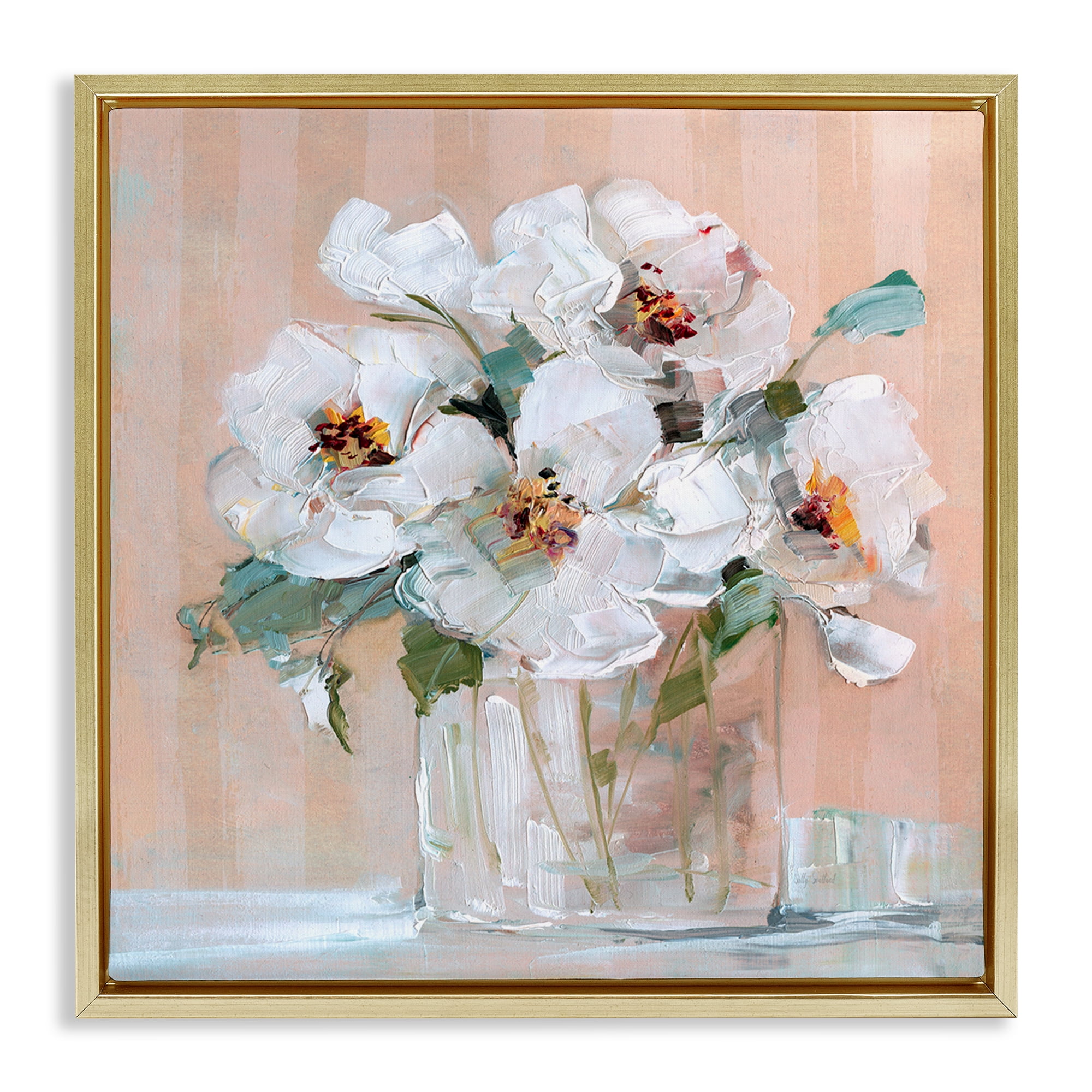 Stupell Industries White Florals on Pink Botanical & Floral Painting Gold Floater Framed Art Print Wall Art, 25 x 25