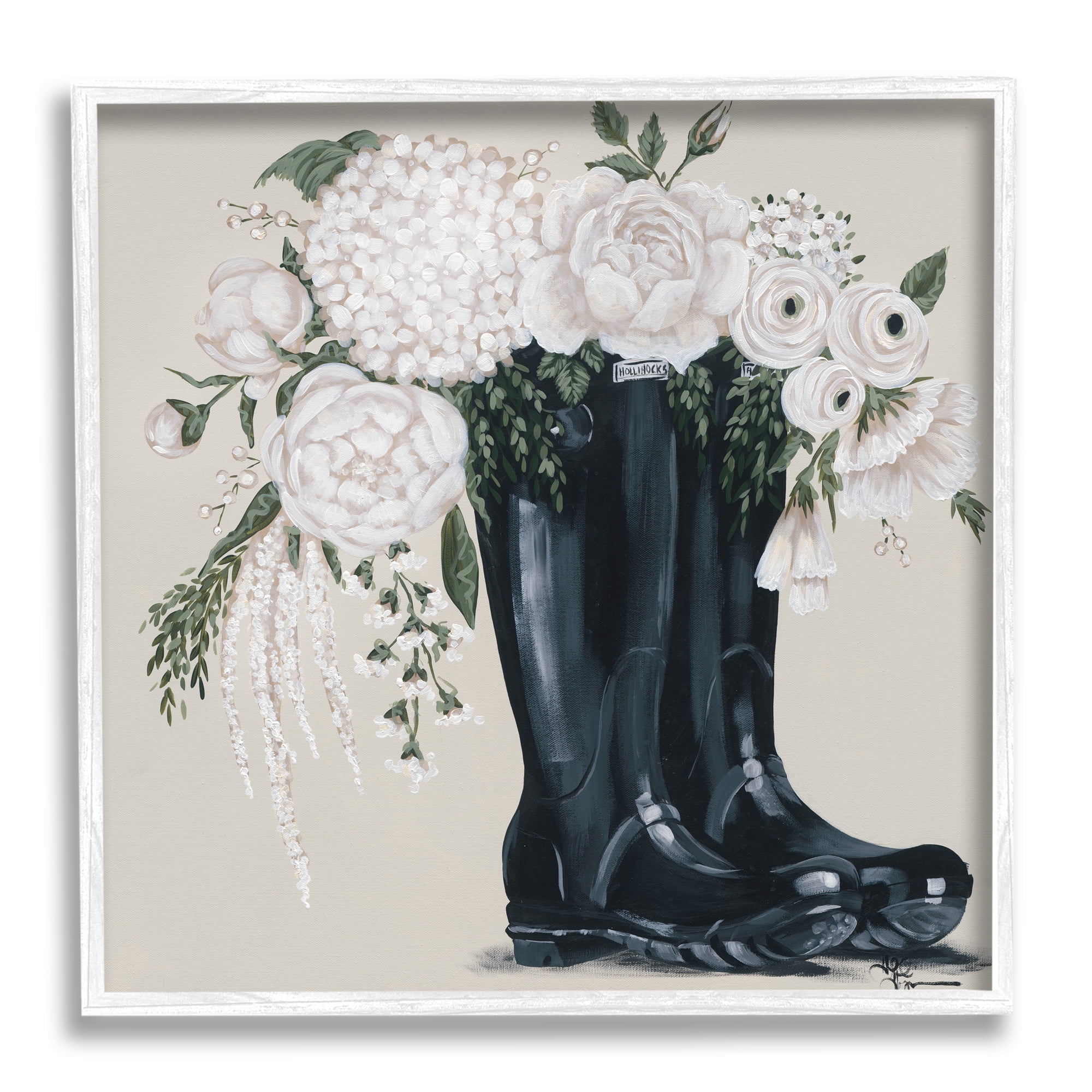 Stupell Industries White Flower Arrangement in Black Boots Painting, 24 x 24,Design by Penny Lane Publishing