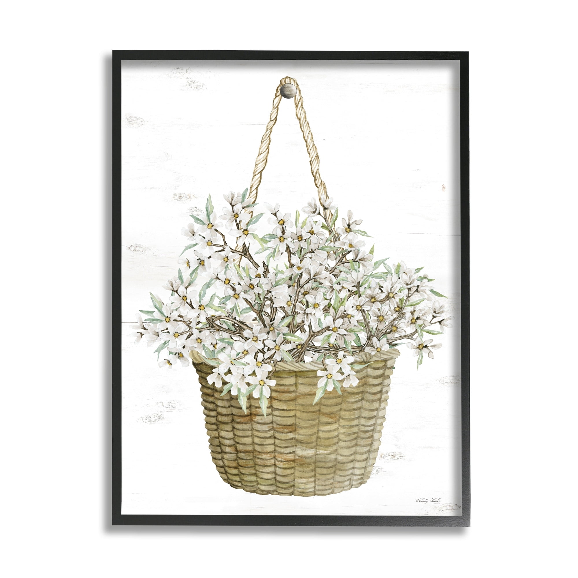 Stupell Industries White Flower Blooms Hanging Basket Cottage Home Graphic Art Black Framed Art Print Wall Art, 24x30, by Cindy Jacobs