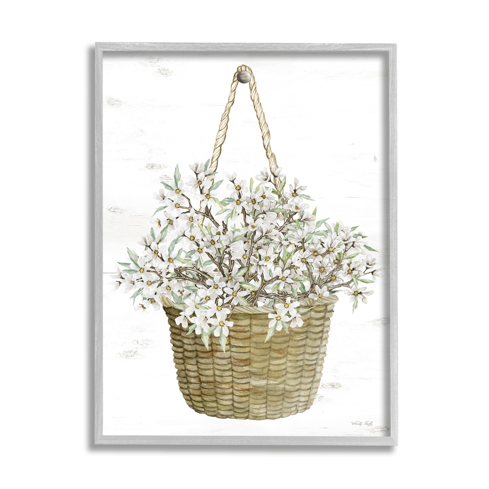 Stupell Industries White Flower Blooms Hanging Basket Cottage Home Graphic Art Gray Framed Art Print Wall Art, 24x30, by Cindy Jacobs