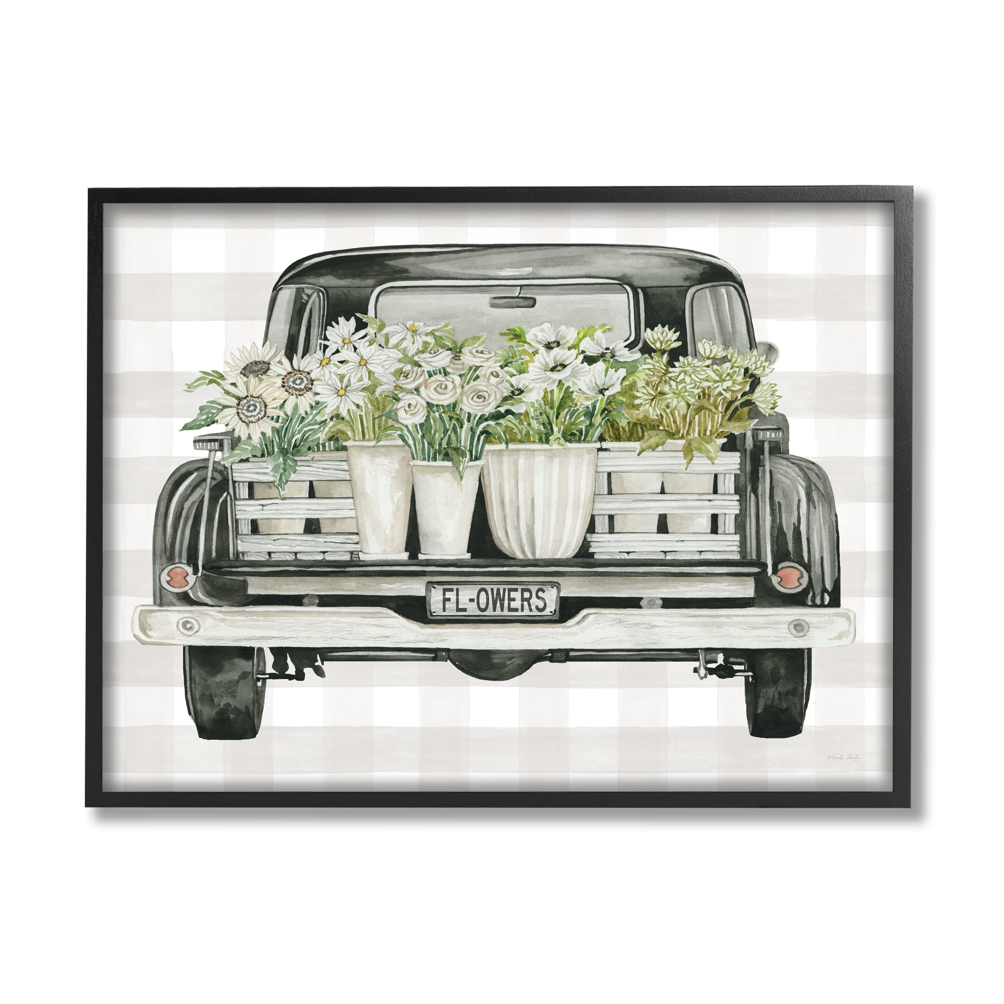 White Flower Blossoms Farm Truck Black Framed Wall Art