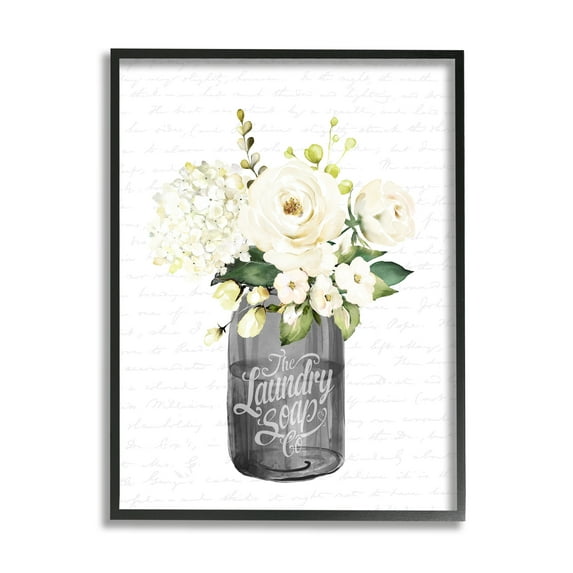 Stupell Industries White Flower Blossoms Laundry Jar Fancy Script Graphic Art Black Framed Art Print Wall Art, Design by Lettered and Lined