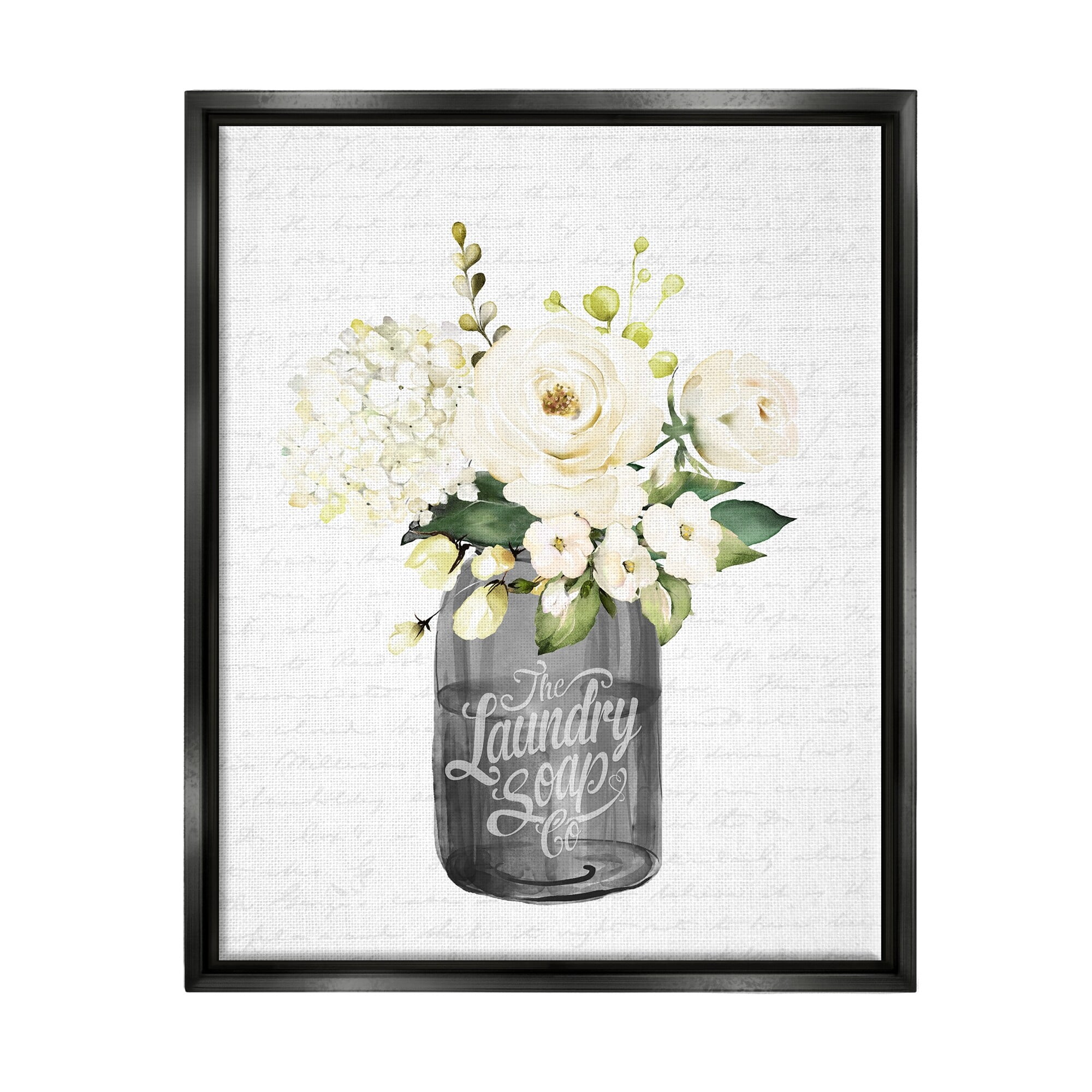 Stupell Industries White Flower Blossoms Laundry Jar Fancy Script Graphic Art Jet Black Floating Framed Canvas Print Wall Art, Design by Lettered and Lined