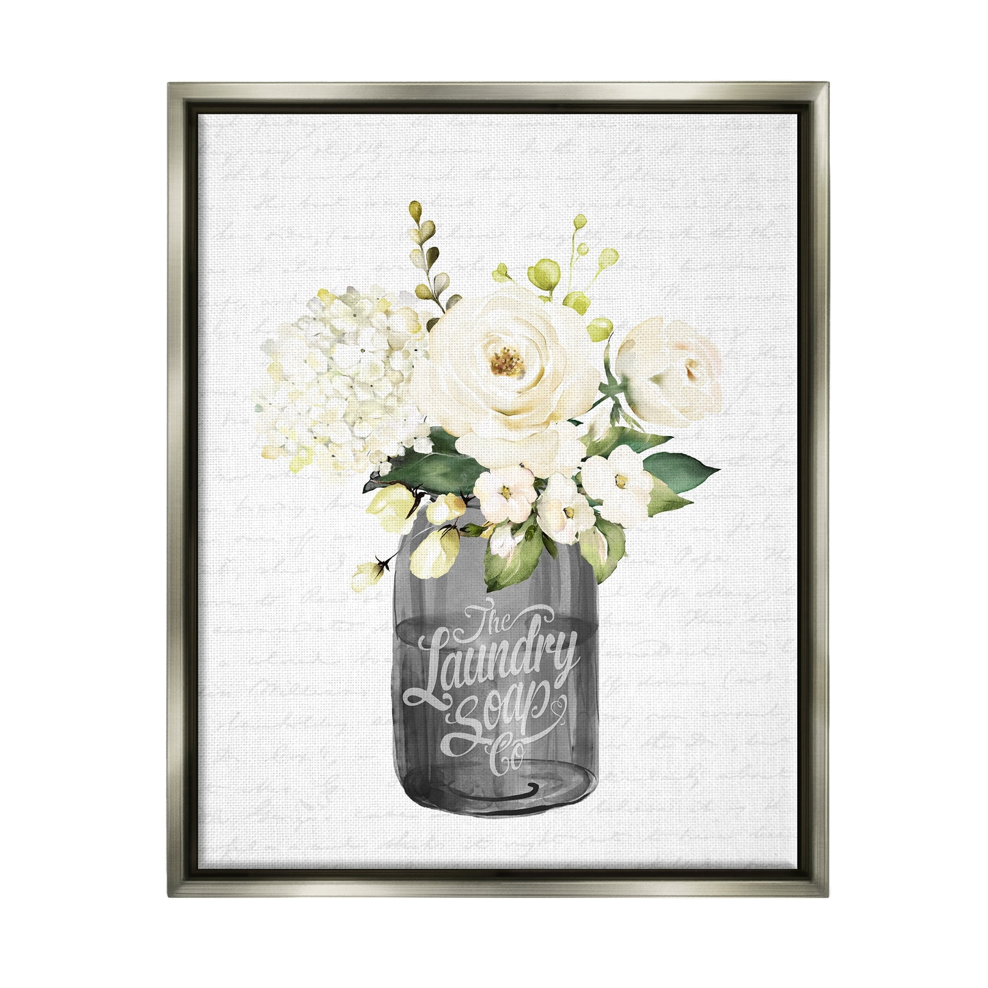Stupell Industries White Flower Blossoms Laundry Jar Fancy Script Graphic Art Luster Gray Floating Framed Canvas Print Wall Art, Design by Lettered and Lined